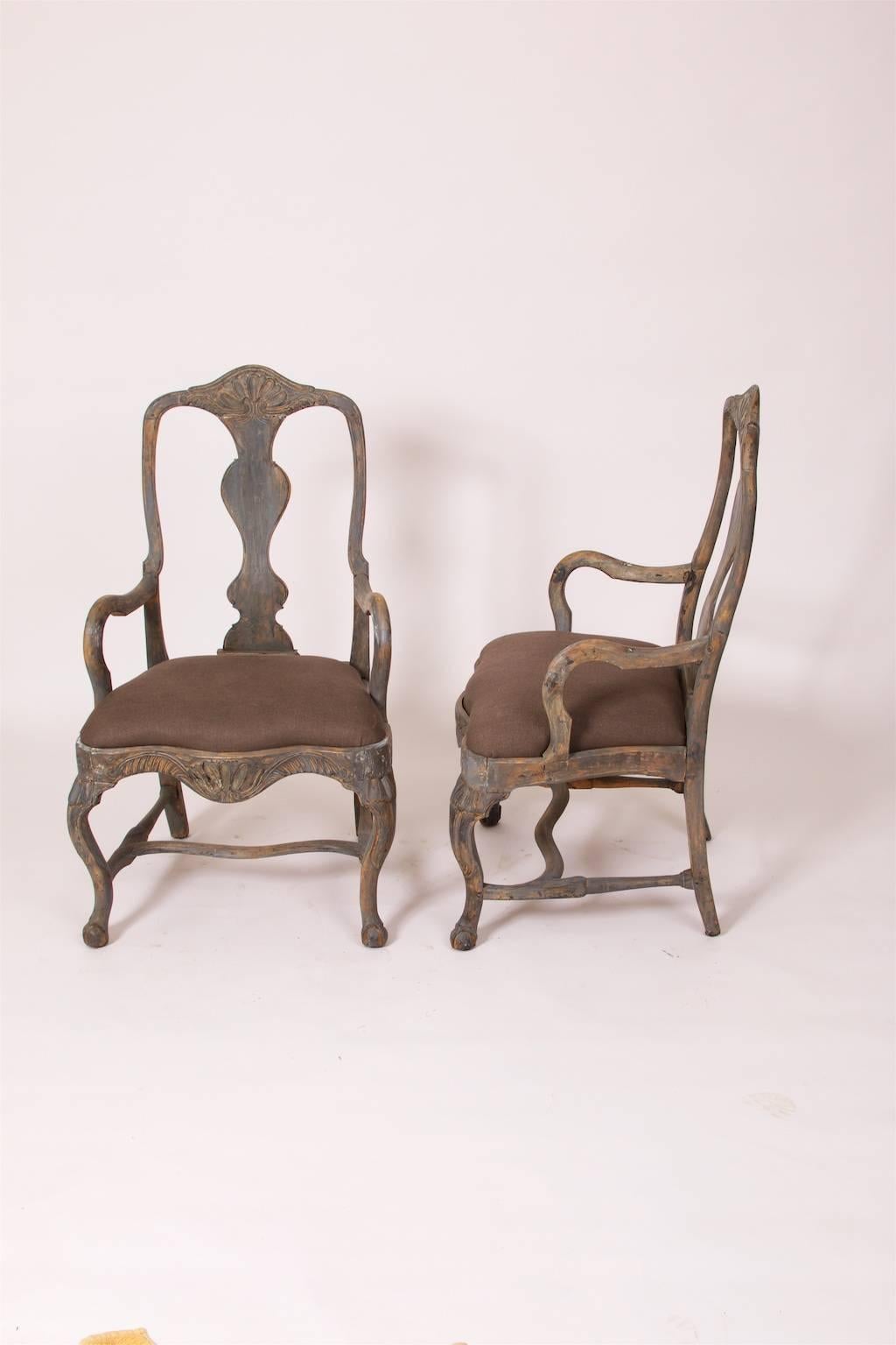 Swedish Pair of Pidgeon Blue Rococo Armchairs, Gothenburg, Sweden, circa 1770 For Sale