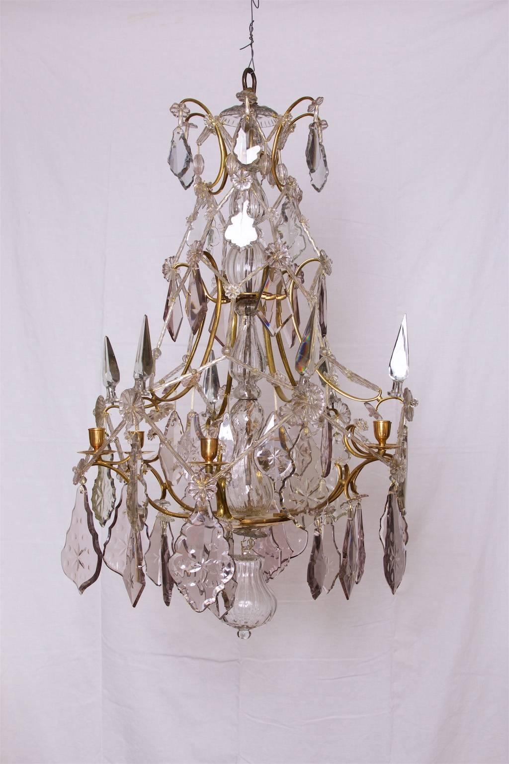 A very beautiful Swedish Crystal chandelier made for six candles, Made circa 1770, Rococo, probably in Stockholm.