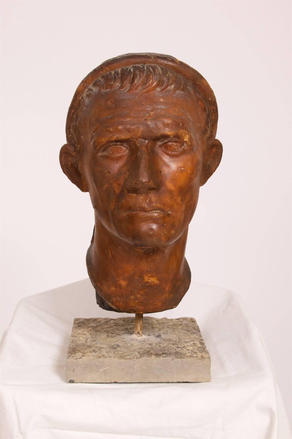European Sculpture, Head of a Roman Man, 19th Century, Plaster For Sale