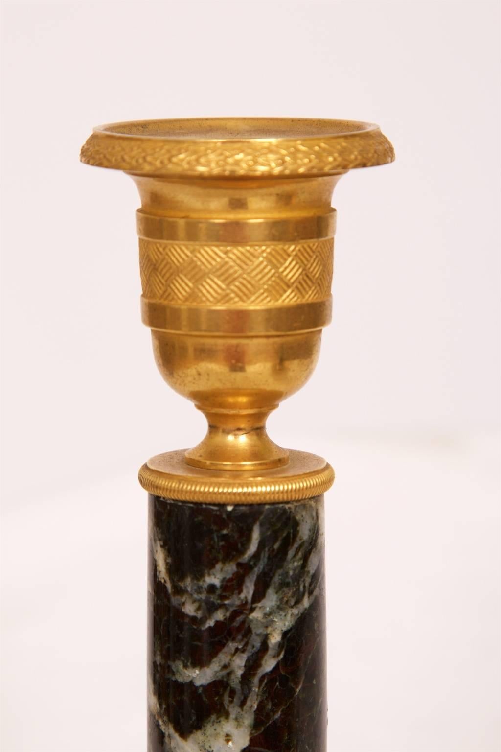 Late 19th Century Pair of Gilt Brass and Marble Candlesticks, circa 1880, France For Sale