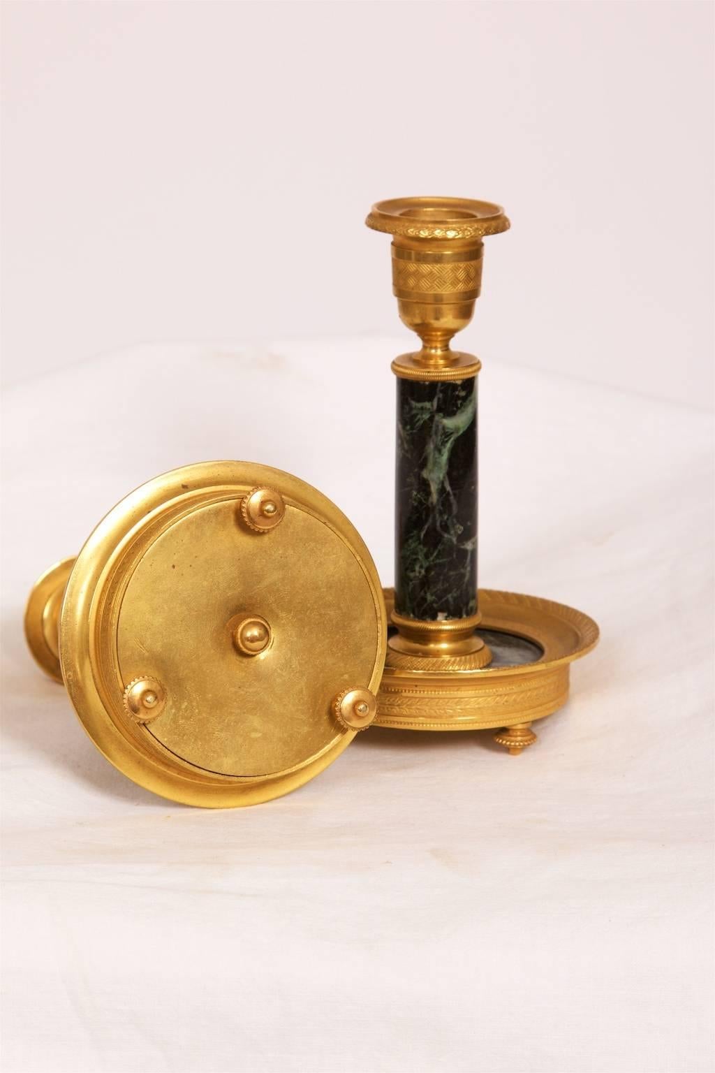 French Pair of Gilt Brass and Marble Candlesticks, circa 1880, France For Sale