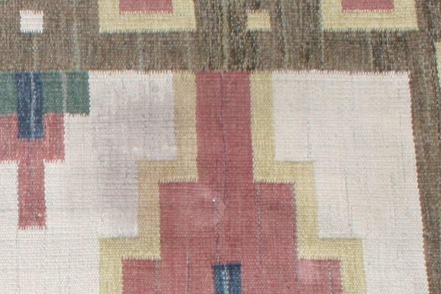 Scandinavian Modern Swedish Röllakan or Rolakan Carpet Handwoven, Wool, Signed GK For Sale