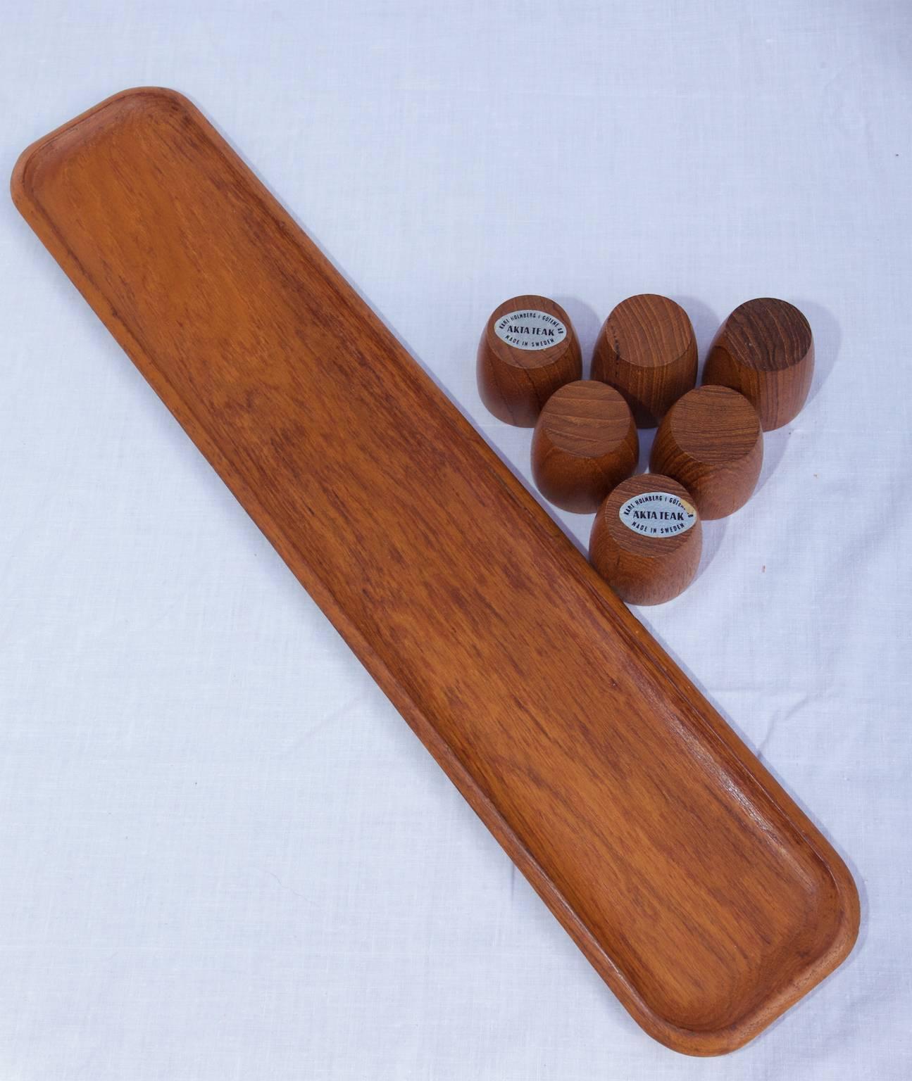 Mid-20th Century Six Teak Egg Cups with Tray from Karl Holmberg, 1960s, Sweden For Sale