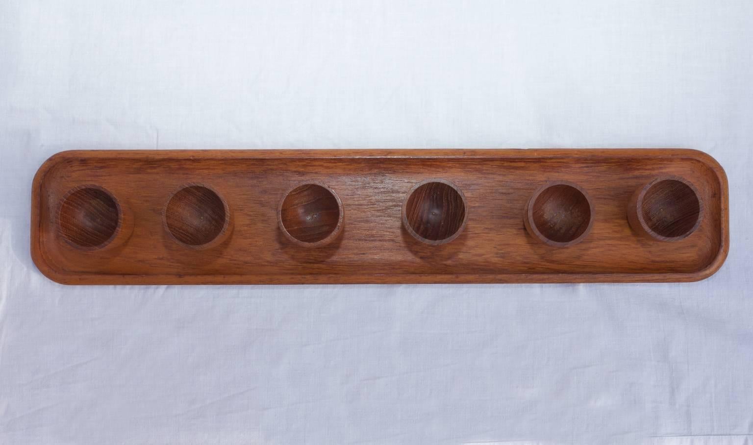 Scandinavian Modern Six Teak Egg Cups with Tray from Karl Holmberg, 1960s, Sweden For Sale