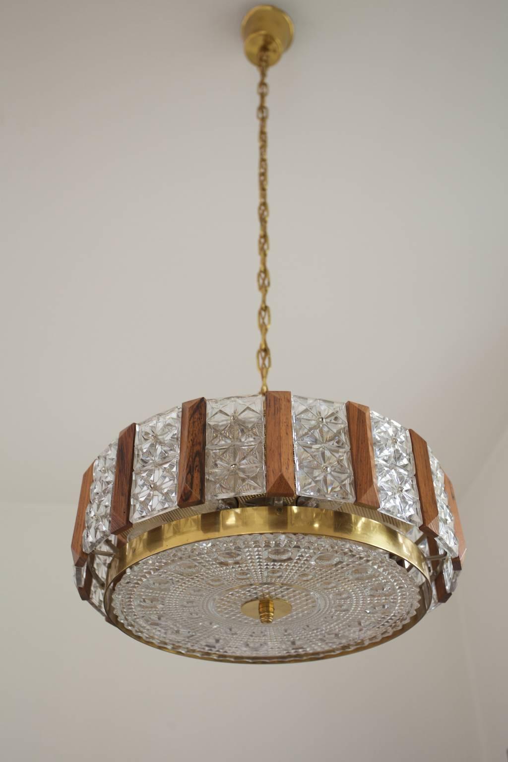 Swedish Orrefors Chandelier by Carl Fagerlund in Crystal, Brass and Teak For Sale