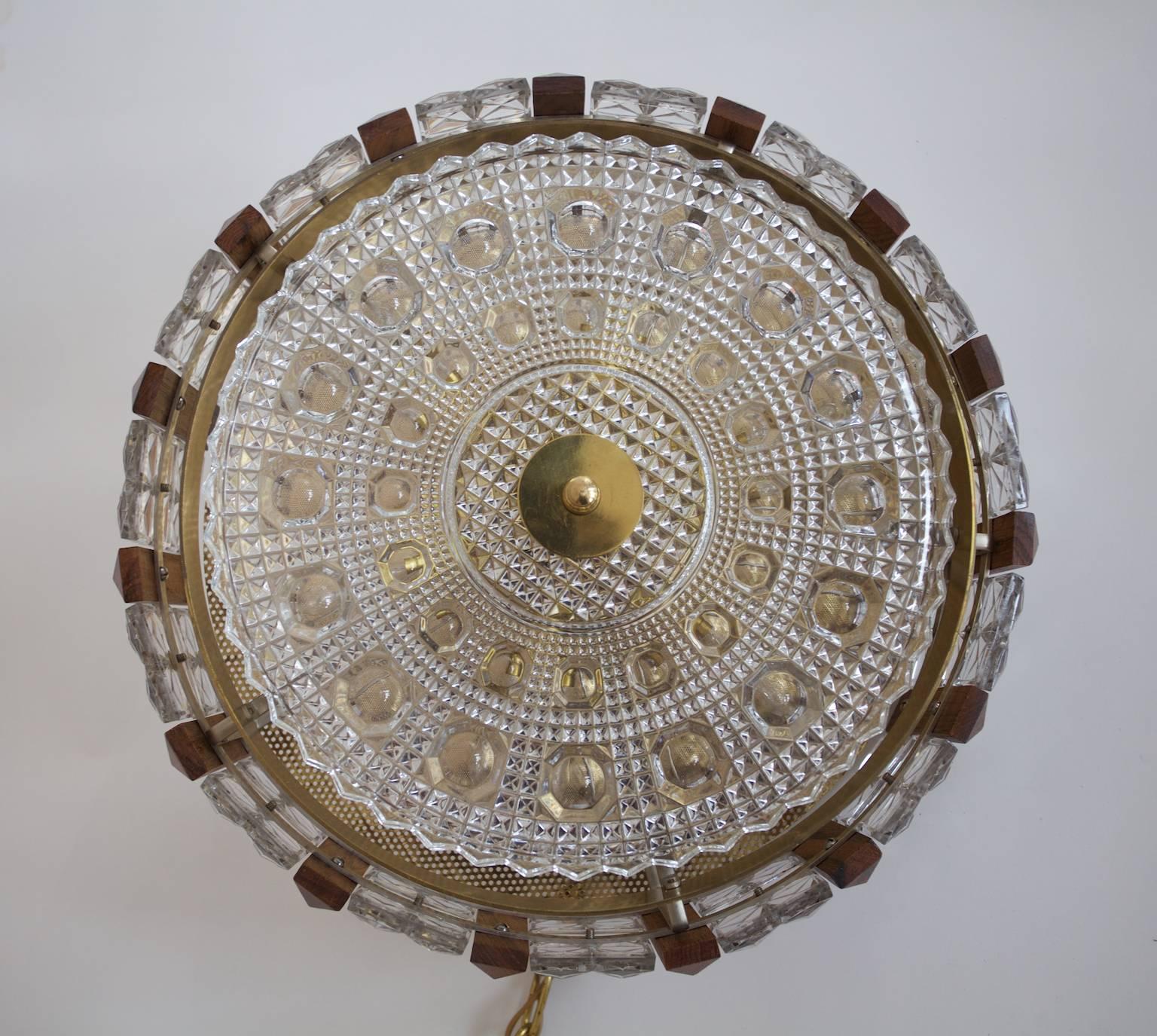 Mid-20th Century Orrefors Chandelier by Carl Fagerlund in Crystal, Brass and Teak For Sale