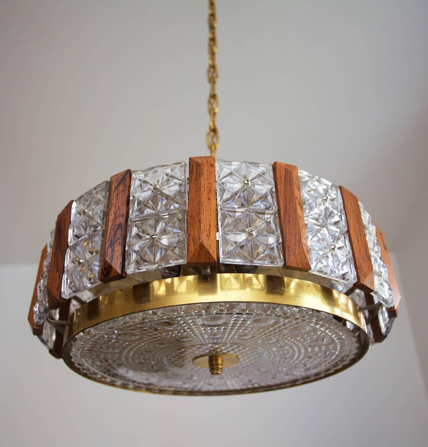 Scandinavian Modern Orrefors Chandelier by Carl Fagerlund in Crystal, Brass and Teak For Sale