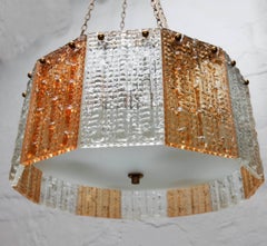 Carl Fagerlund Pendant, Brass, Clear & Amber Glass Panels Orrefors, Sweden, 1970