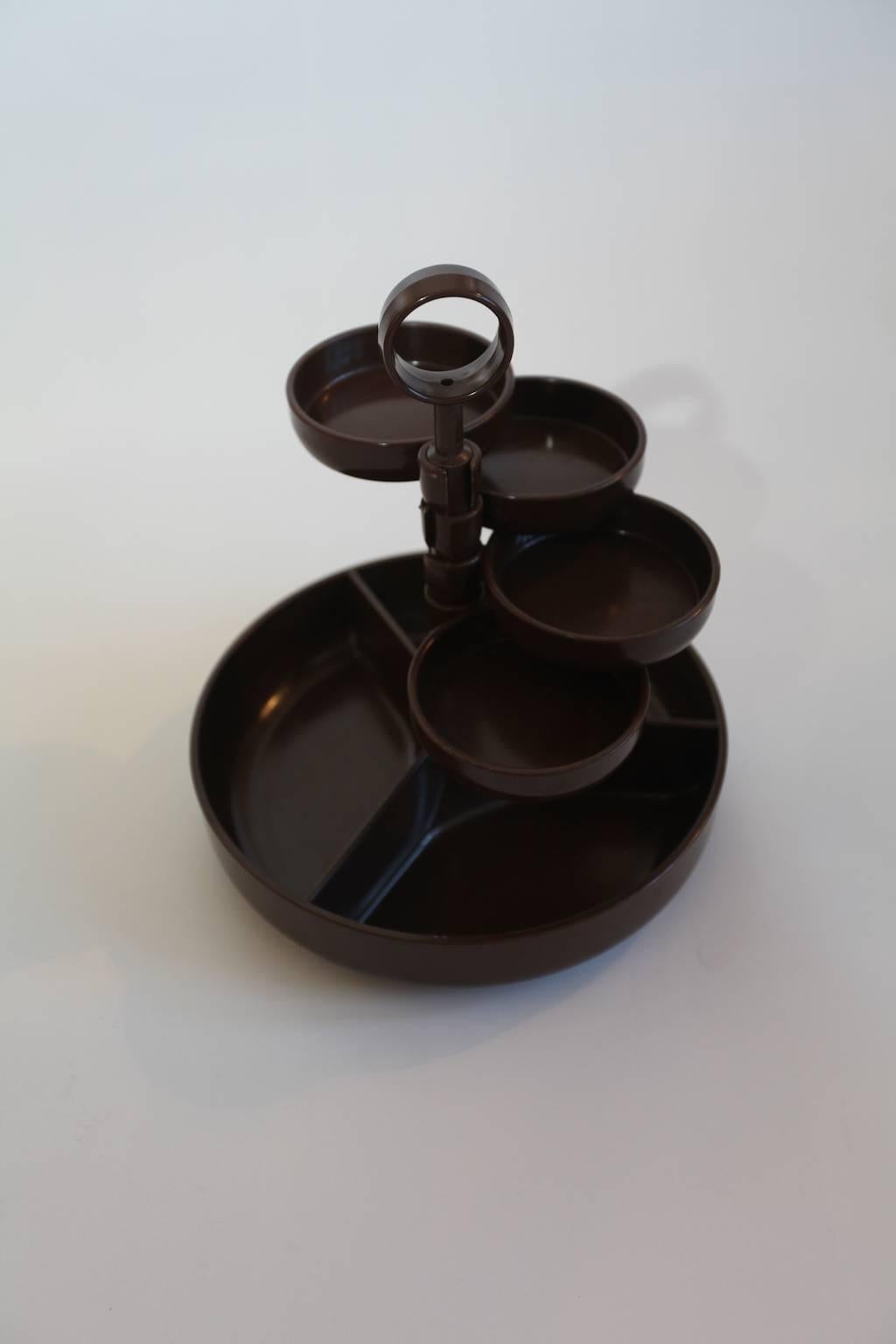 Fun Brown Dialene Better Maid 1970s Party Snack Server with Rotating Dishes In Good Condition For Sale In Malmo, SE
