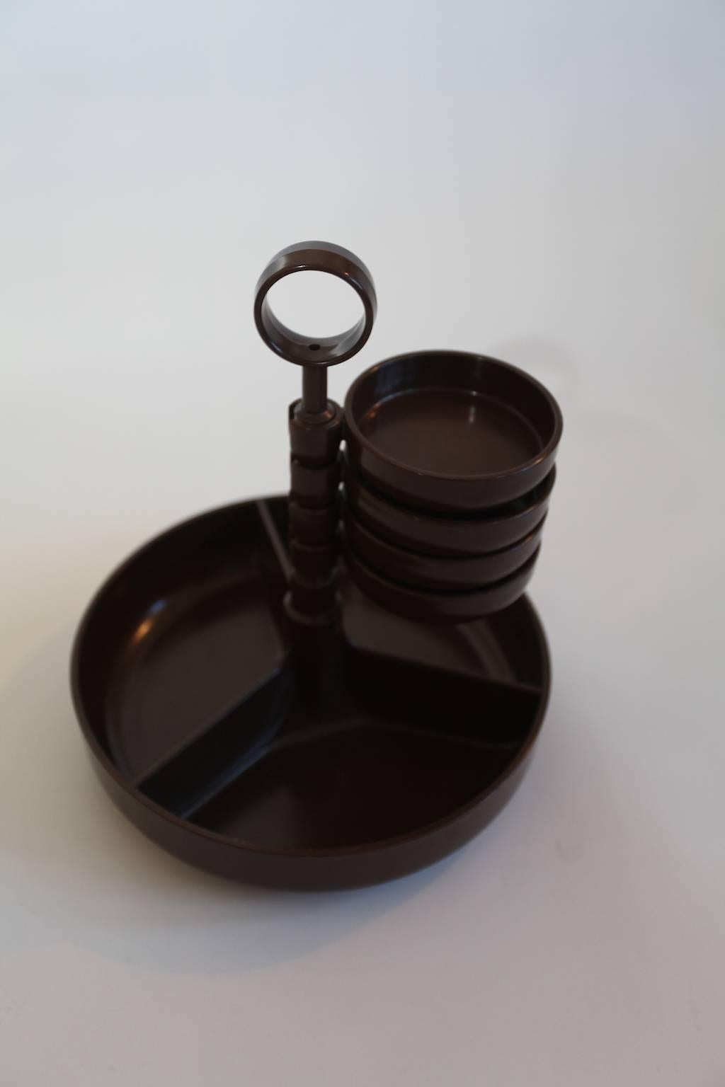 Late 20th Century Fun Brown Dialene Better Maid 1970s Party Snack Server with Rotating Dishes For Sale