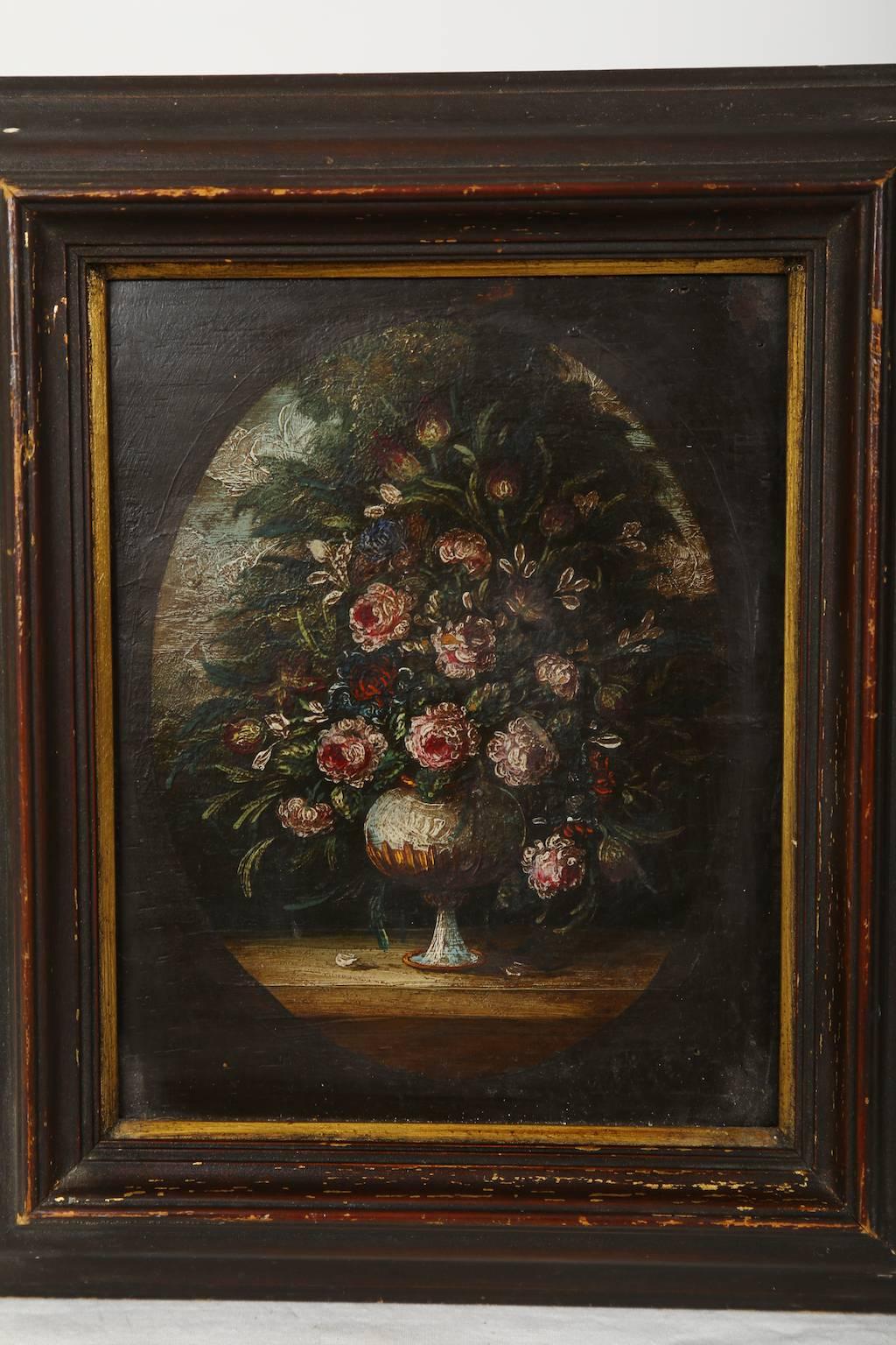 Two framed paintings, similar still lifes. Floral motive, most likely Italian, late 19th century. Oil on panel.