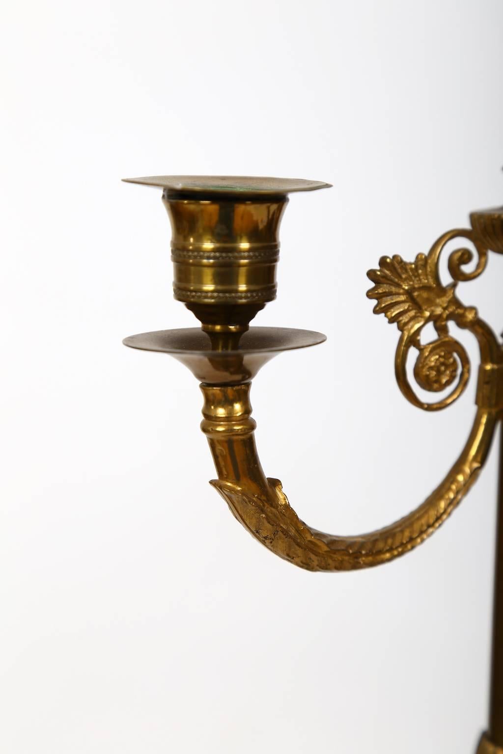 Gilt Pair of Brass Gilded Candelabras, Late Empire, Sweden, circa 1835 For Sale