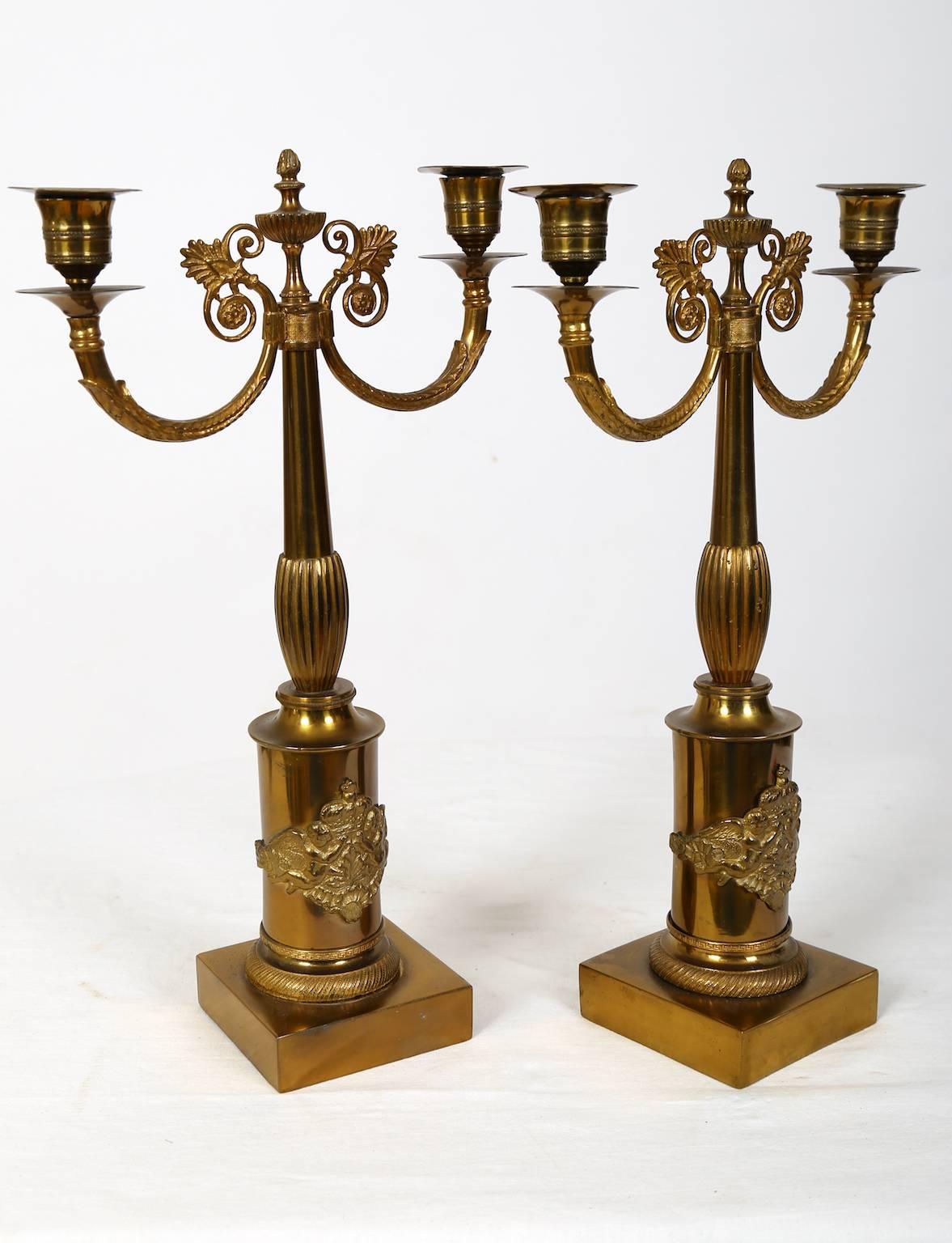 Pair of Brass Gilded Candelabras, Late Empire, Sweden, circa 1835 In Excellent Condition For Sale In Malmo, SE
