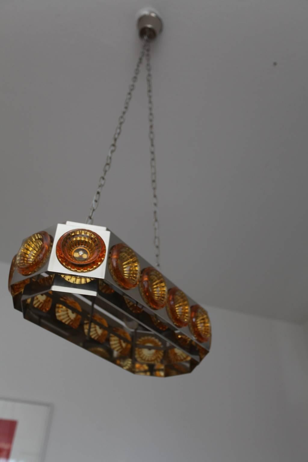 Scandinavian Large Pendant with Bohemian Amber Medallions, 1960s Fagerlund Style In Excellent Condition For Sale In Malmo, SE