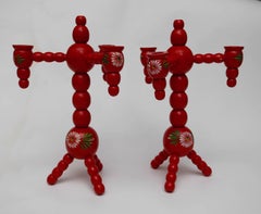 Traditional Wooden Red Swedish Christmas Candelabras, Turned, Hand-Painted