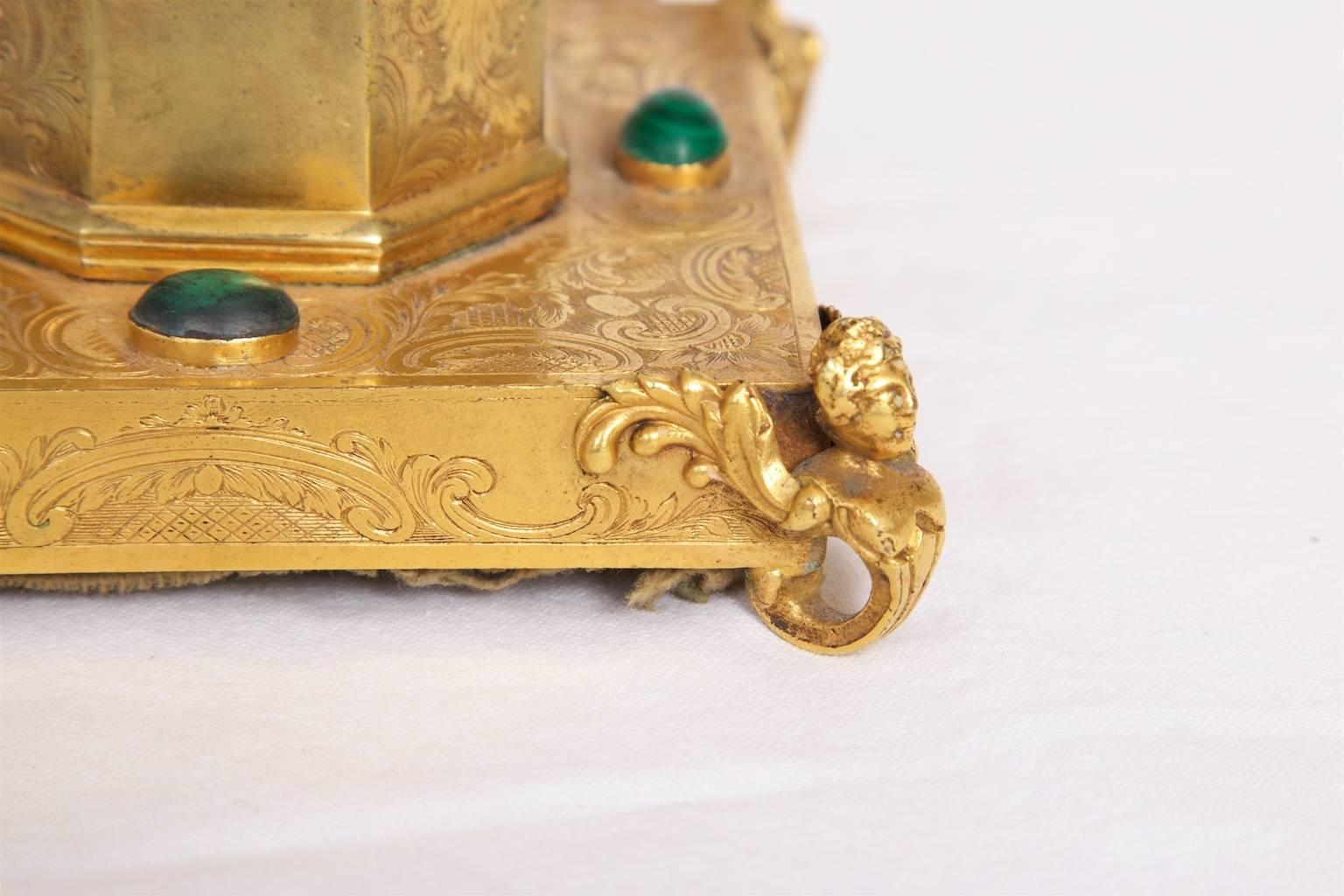 Inkwell gilt brass, with malachite inlay, 1850s Russian. Missing ink glass.