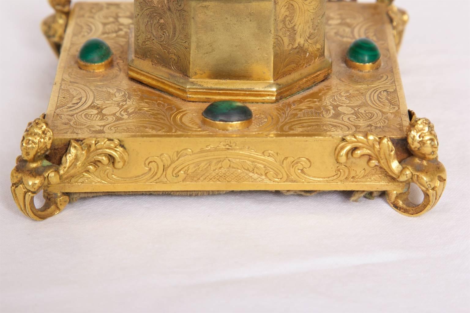 Mid-19th Century Inkwell, Gilt Brass, with Malachite Inlay, 1850s Russian For Sale