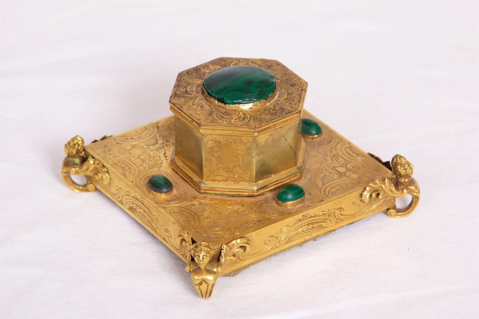 Inkwell, Gilt Brass, with Malachite Inlay, 1850s Russian In Good Condition For Sale In Malmo, SE