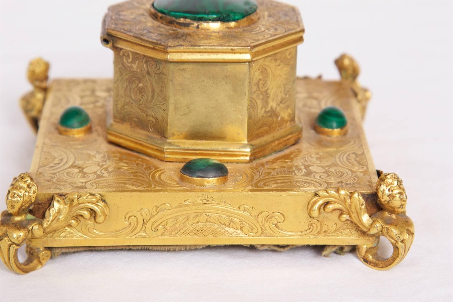 Inkwell, Gilt Brass, with Malachite Inlay, 1850s Russian For Sale 1