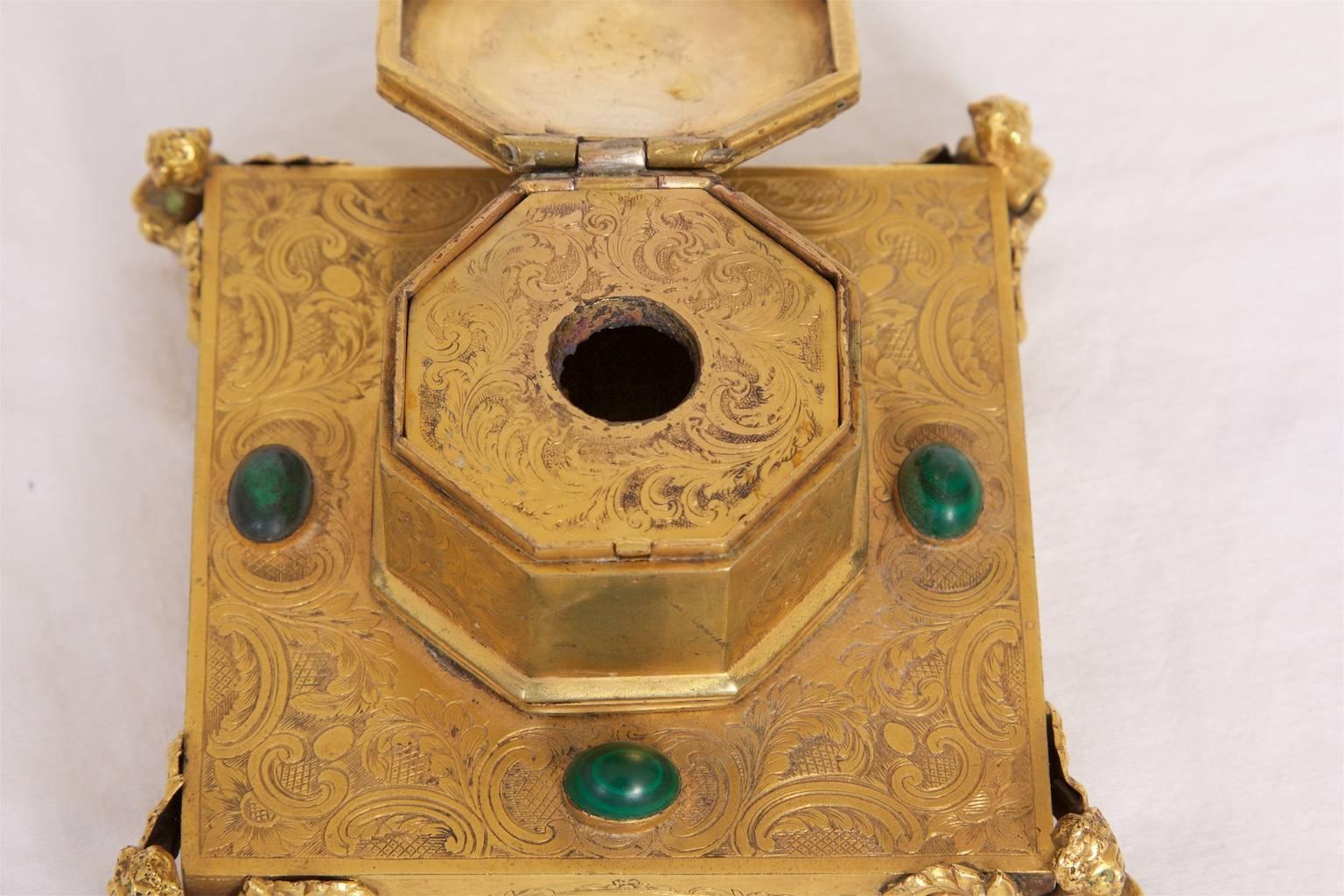 Inkwell, Gilt Brass, with Malachite Inlay, 1850s Russian For Sale 2