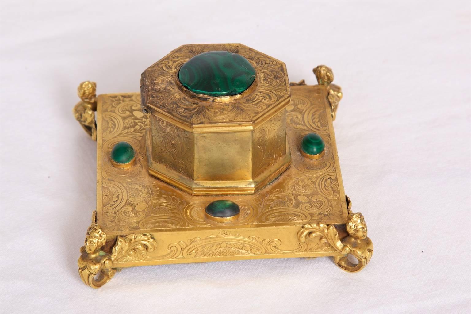 Inkwell, Gilt Brass, with Malachite Inlay, 1850s Russian For Sale 3