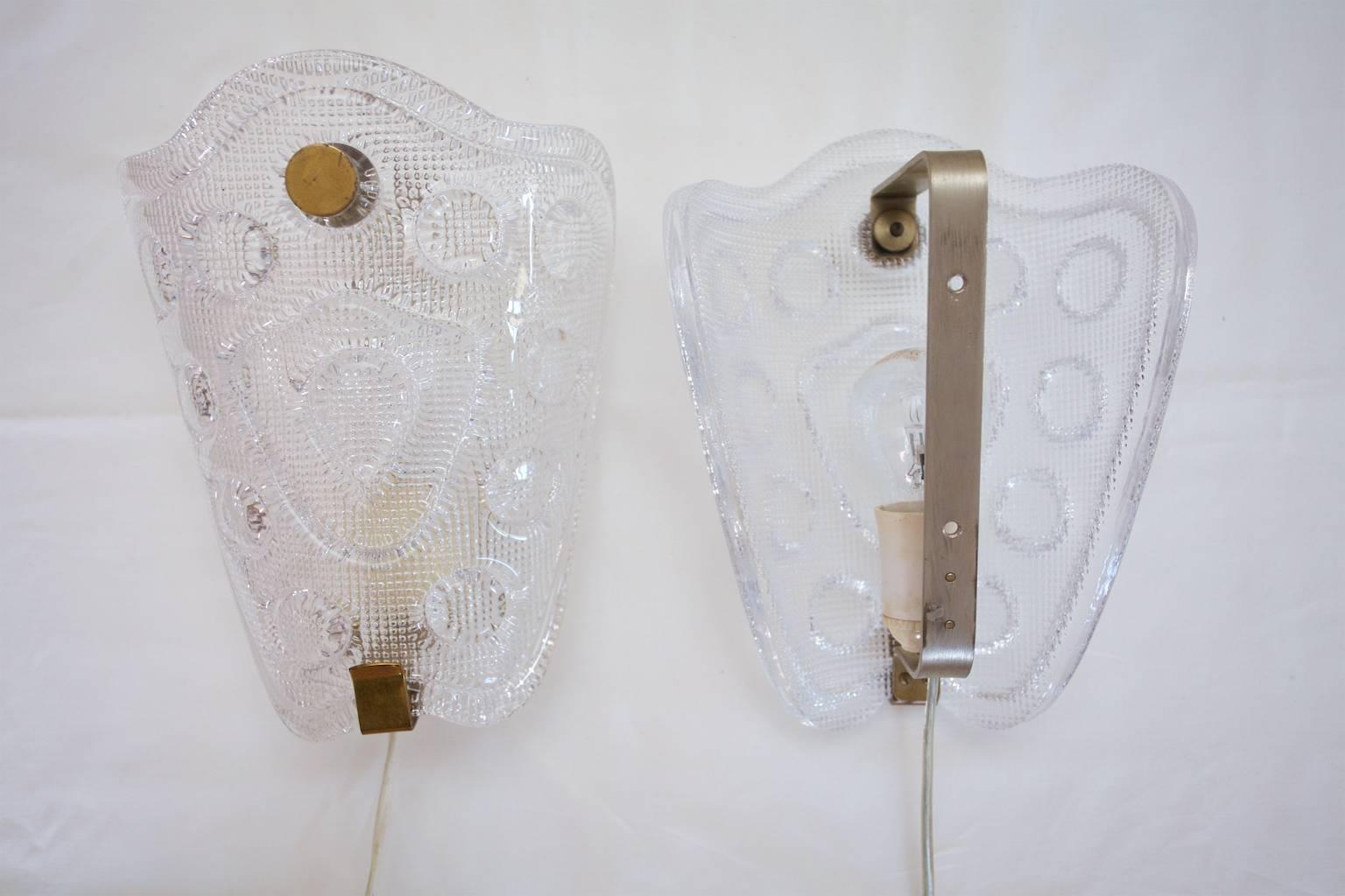 Crystal Sconces with Raised Pattern by Carl Fagerlund for Orrefors, Sweden For Sale 1