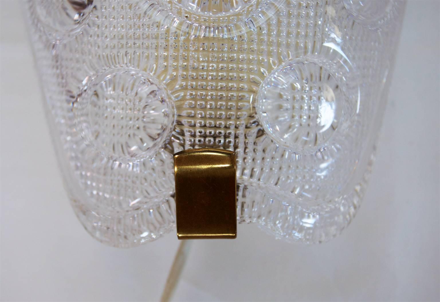Brass Crystal Sconces with Raised Pattern by Carl Fagerlund for Orrefors, Sweden For Sale