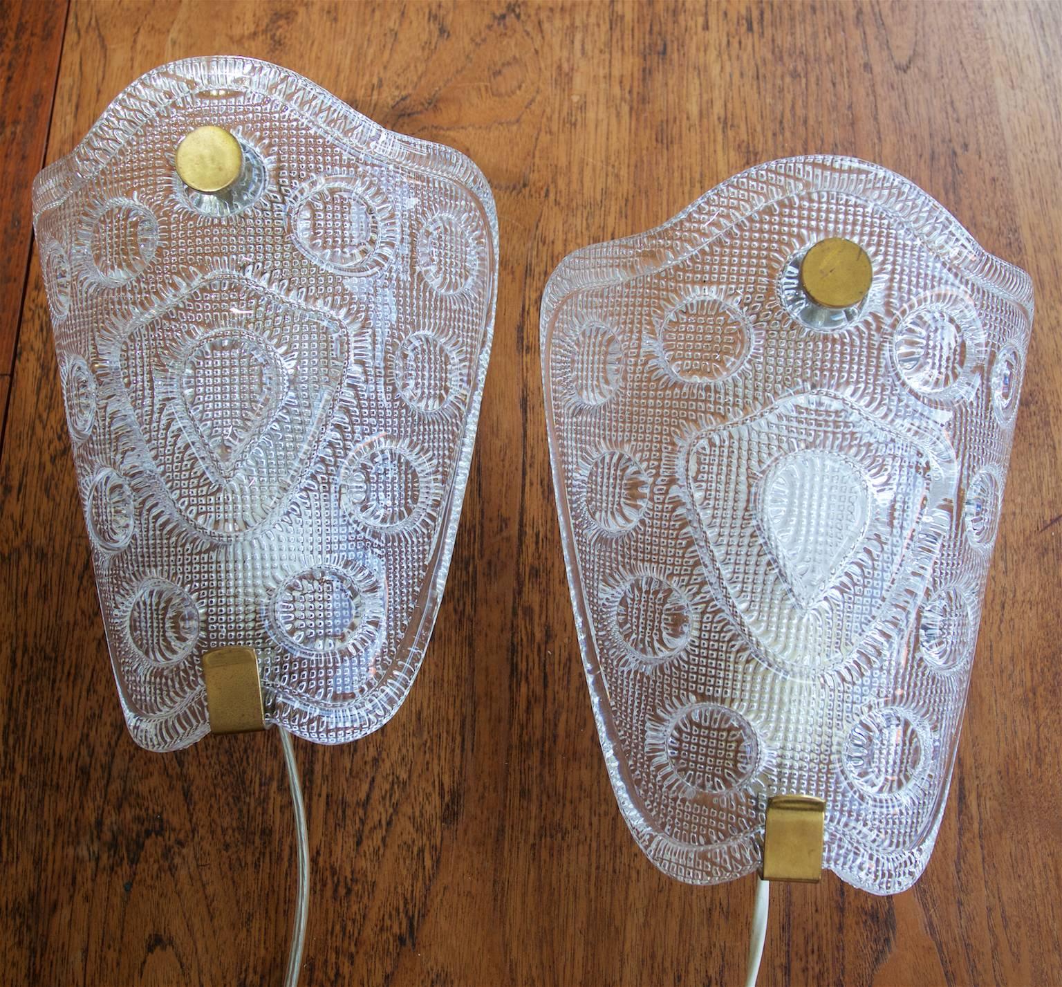 Scandinavian Modern Crystal Sconces with Raised Pattern by Carl Fagerlund for Orrefors, Sweden For Sale