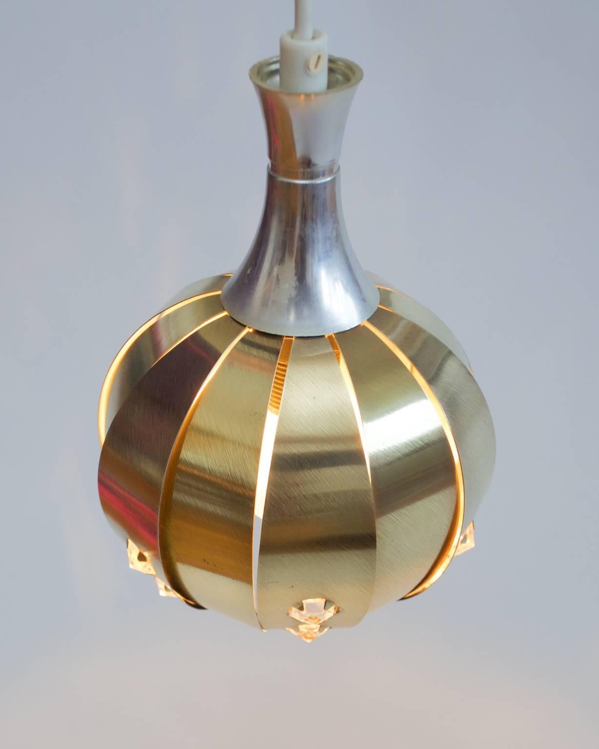 Scandinavian Modern Small Brass Pendant with Prisms by Werner Schou 1970s, Coronell Elektro, Denmark For Sale