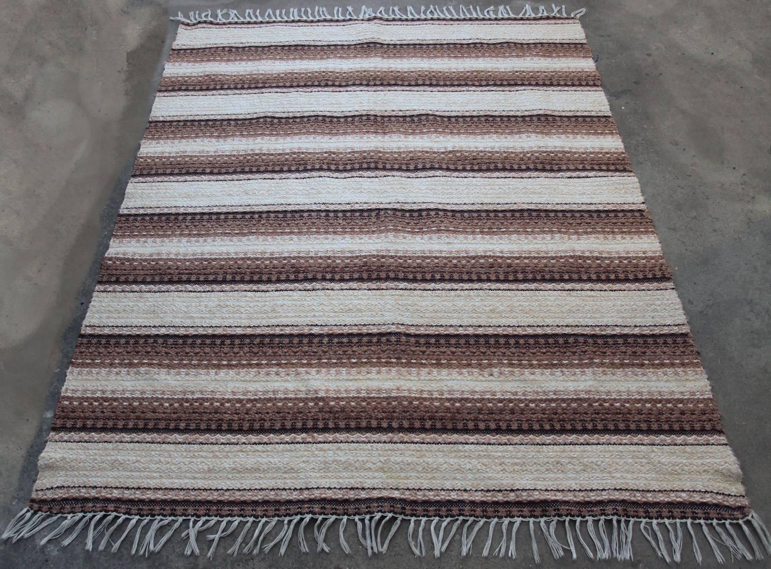 This is a fine example of a traditional Swedish rug rag. These rug rags where easy to weave and easy to handle and wash. 
These carpets gave a warmth and cosiness to everyones homes and could and still are being used everywhere.
The material is