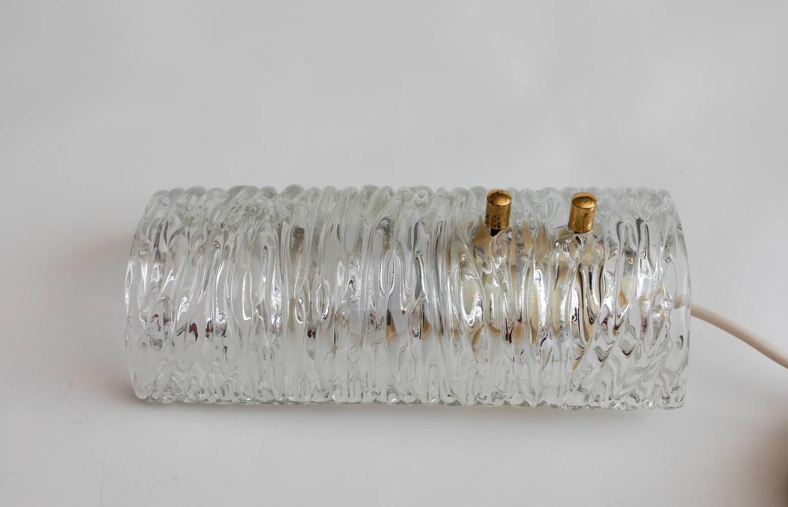 Brass Single Orrefors Scandinavian Modern Textured Glass Sconce by Gunnar Fagerlund For Sale
