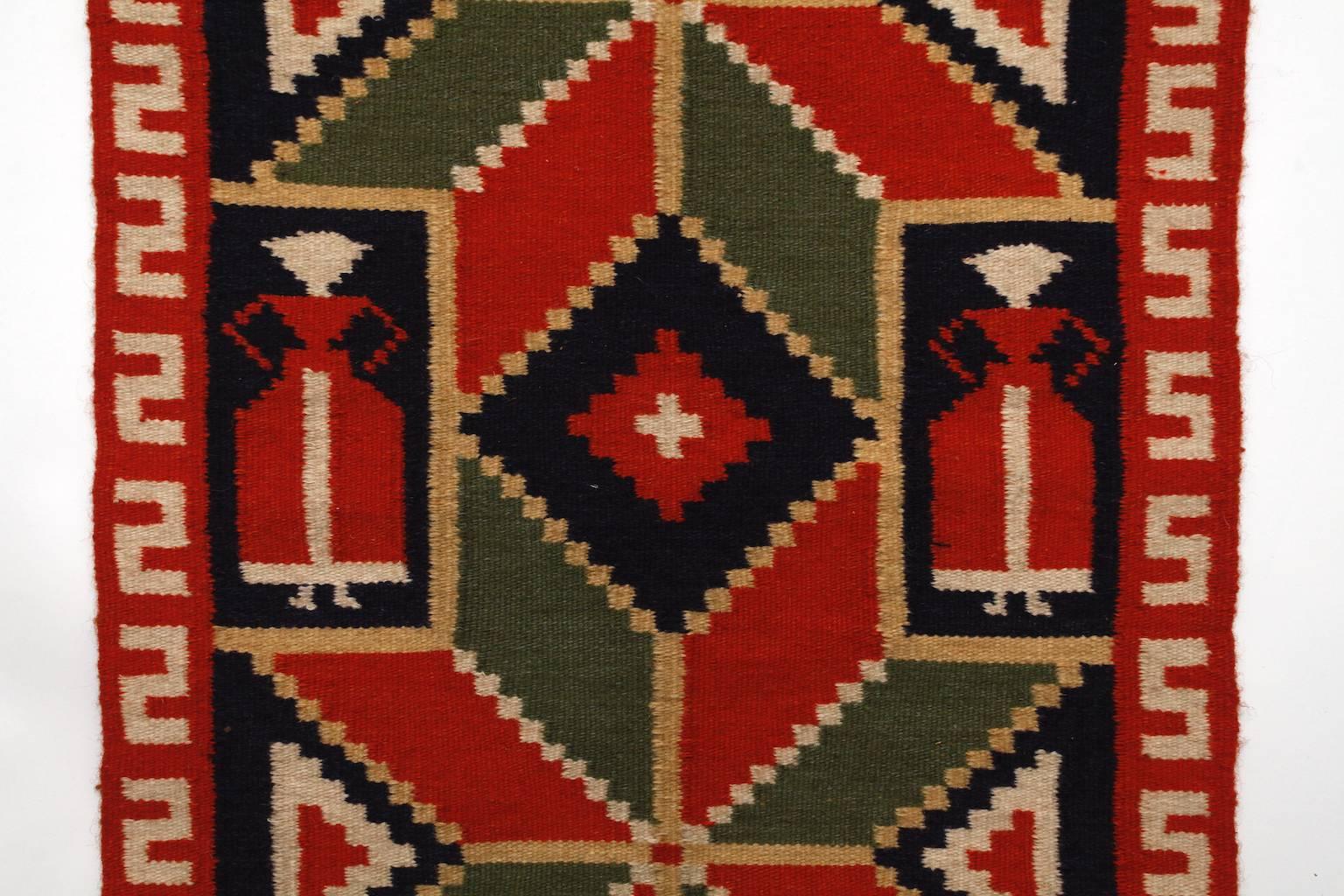 Folk Art Handwoven Swedish Wool Tapestry with Two Women in the Shape of an 