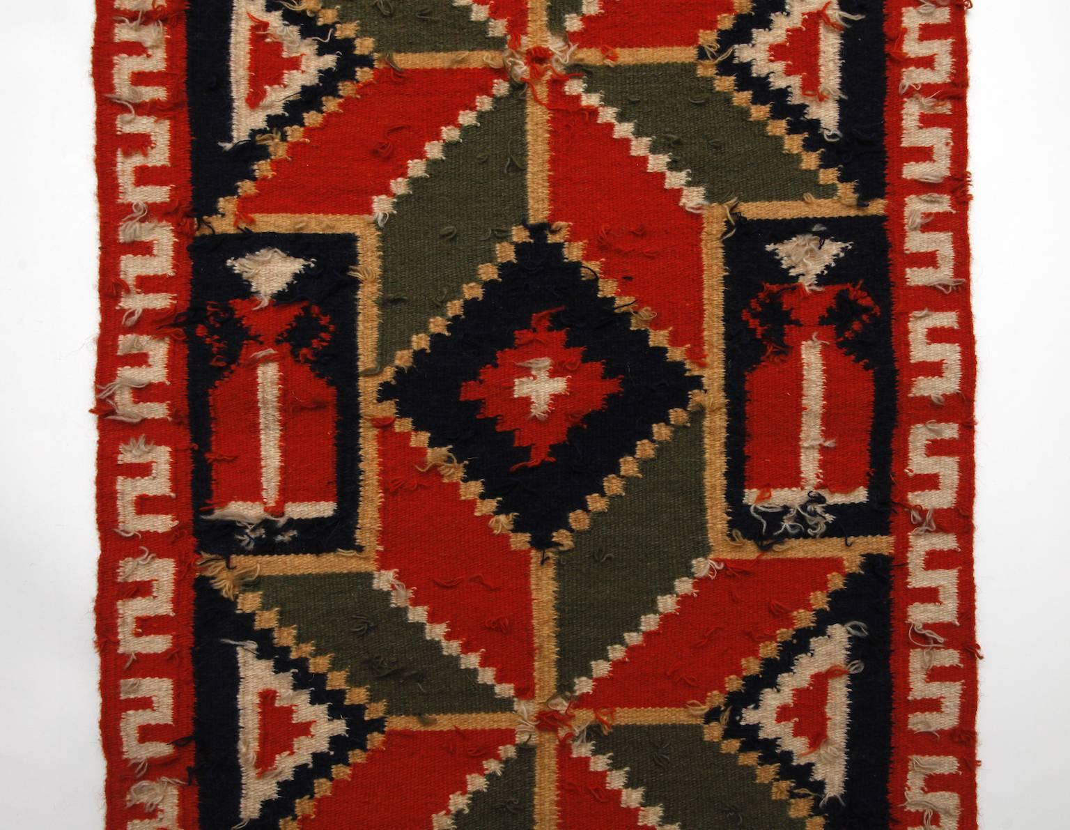 Handwoven Swedish Wool Tapestry with Two Women in the Shape of an 