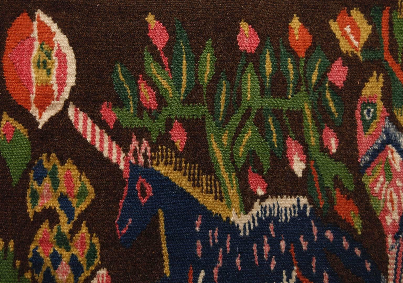 19th Century Small Handwoven Antique Tradtional Swedish Wool Tapestry with Unicorn Motive For Sale