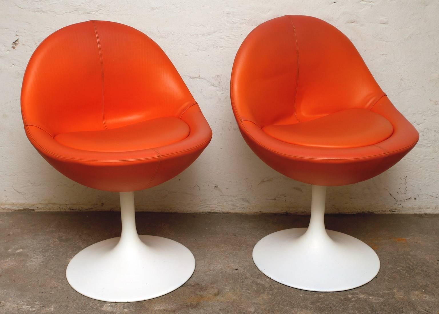 Swedish Börje Johanson Orange Leather Venus Chair on White Tulip Foot, Sweden, 1960s For Sale