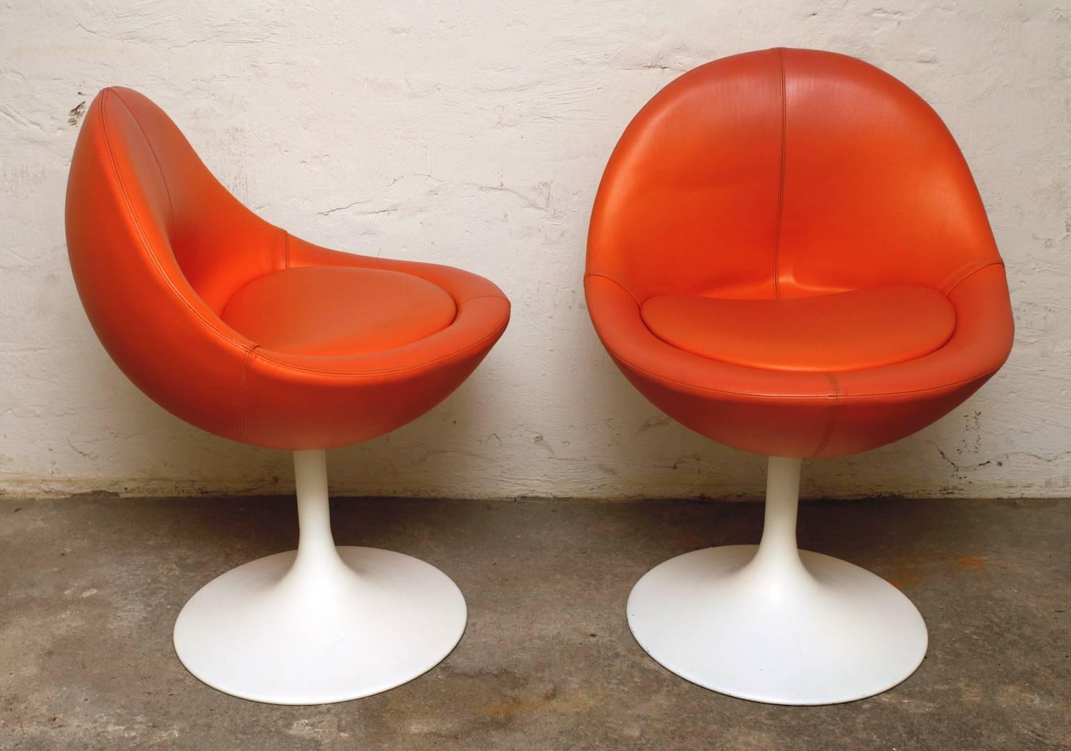 Scandinavian Modern Börje Johanson Orange Leather Venus Chair on White Tulip Foot, Sweden, 1960s For Sale