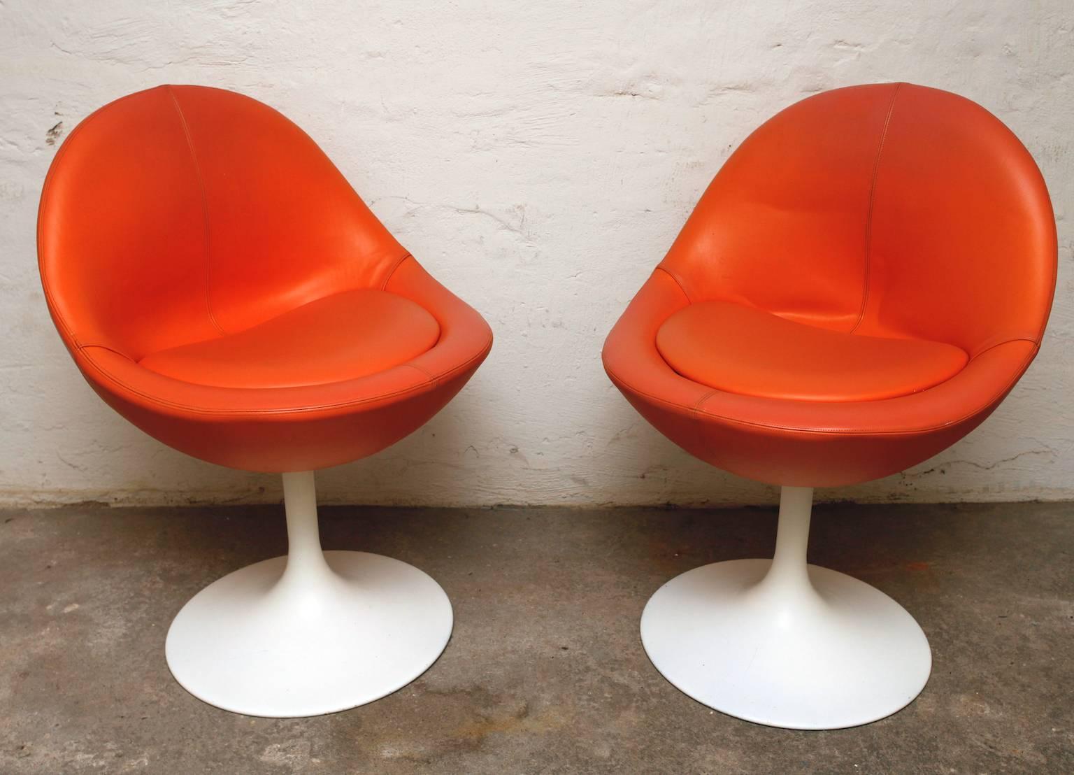 Painted Börje Johanson Orange Leather Venus Chair on White Tulip Foot, Sweden, 1960s For Sale