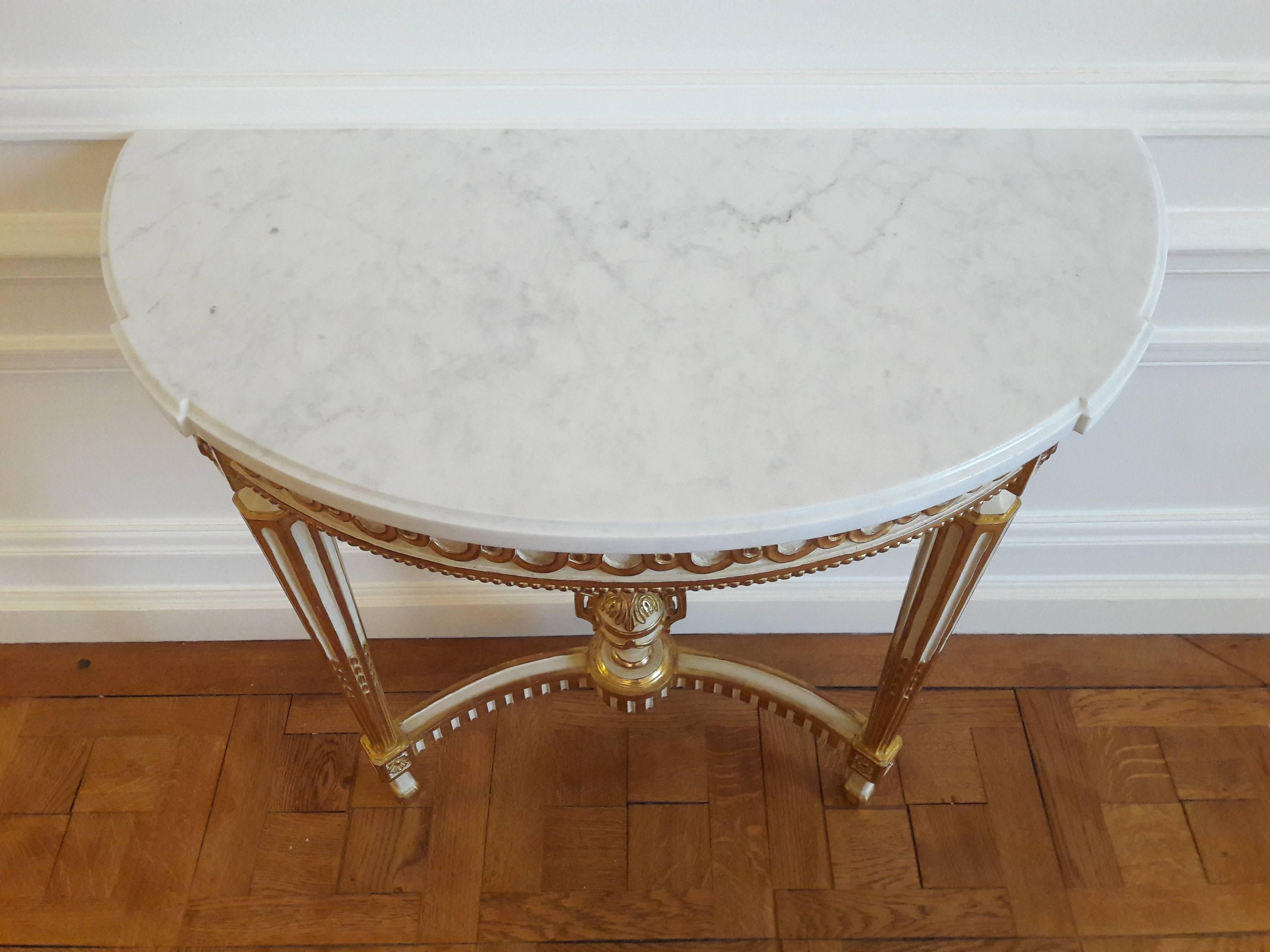 French Antique Console Louis XVI Style, Carrara Marble and Gold Leaf