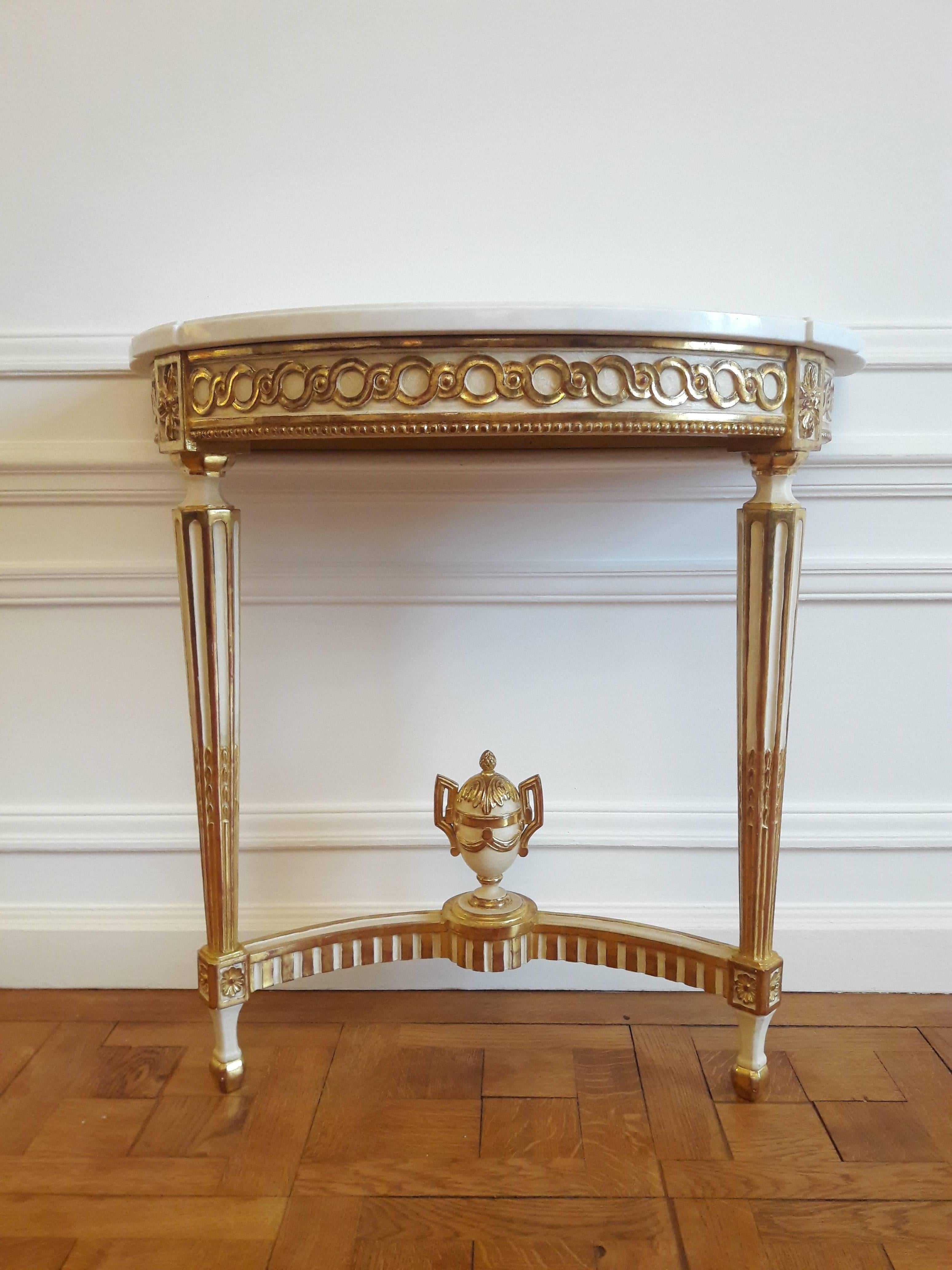 20th Century Antique Console Louis XVI Style, Carrara Marble and Gold Leaf