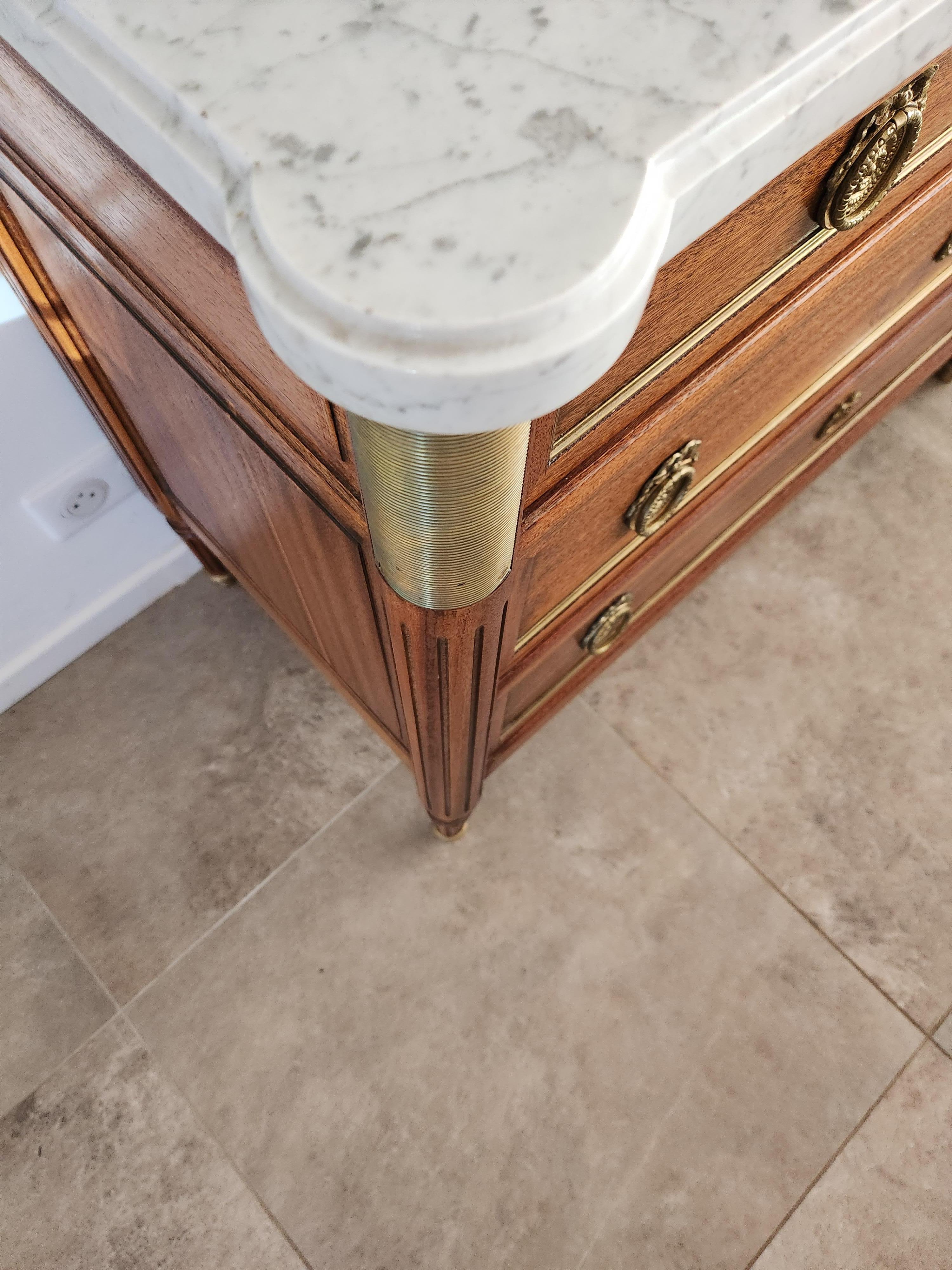Carrara Marble Antique French Louis XVI Commode Chest Of Drawers, Marble & Bronze For Sale