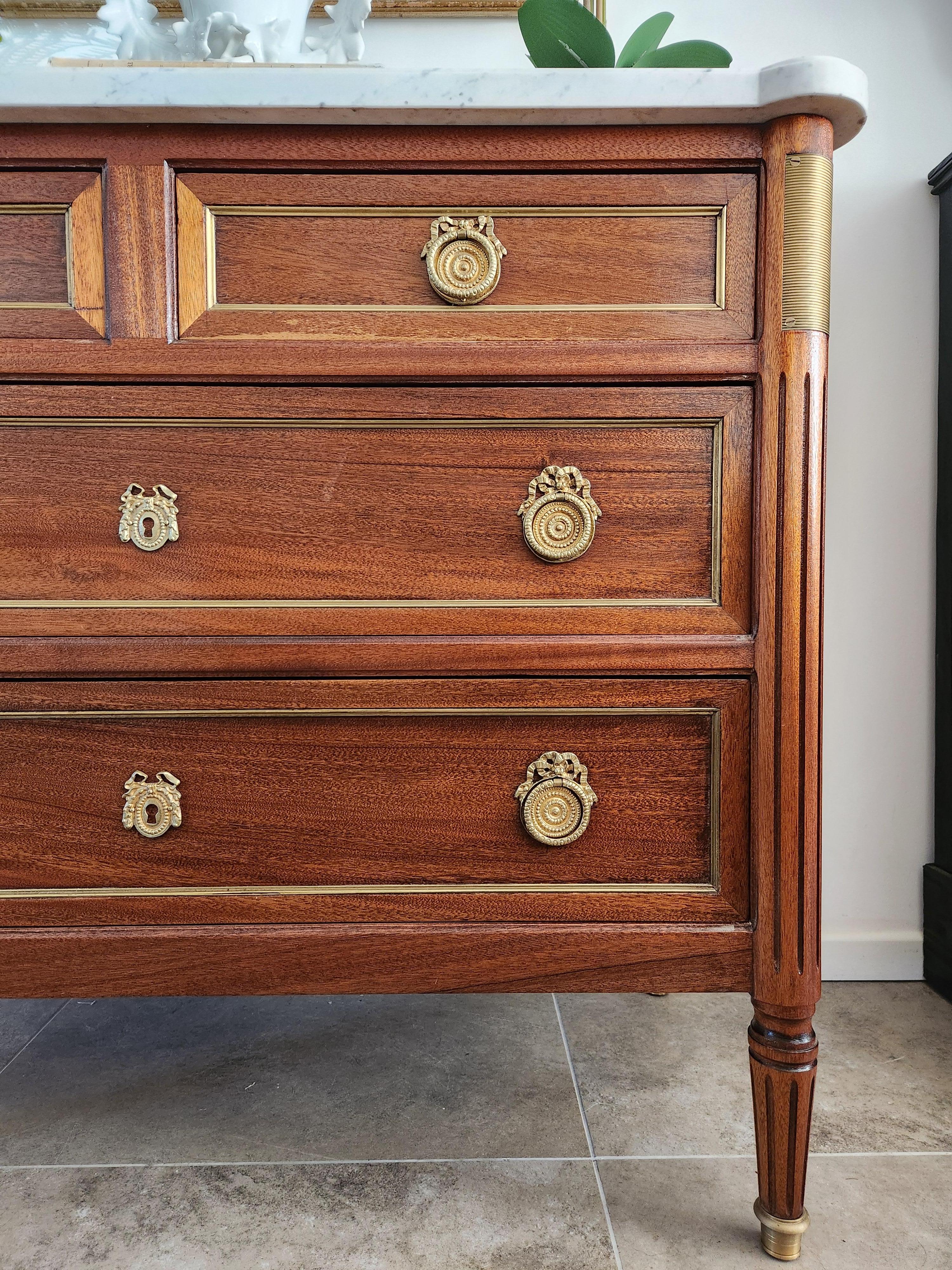 Antique French Louis XVI Commode Chest Of Drawers, Marble & Bronze For Sale 3