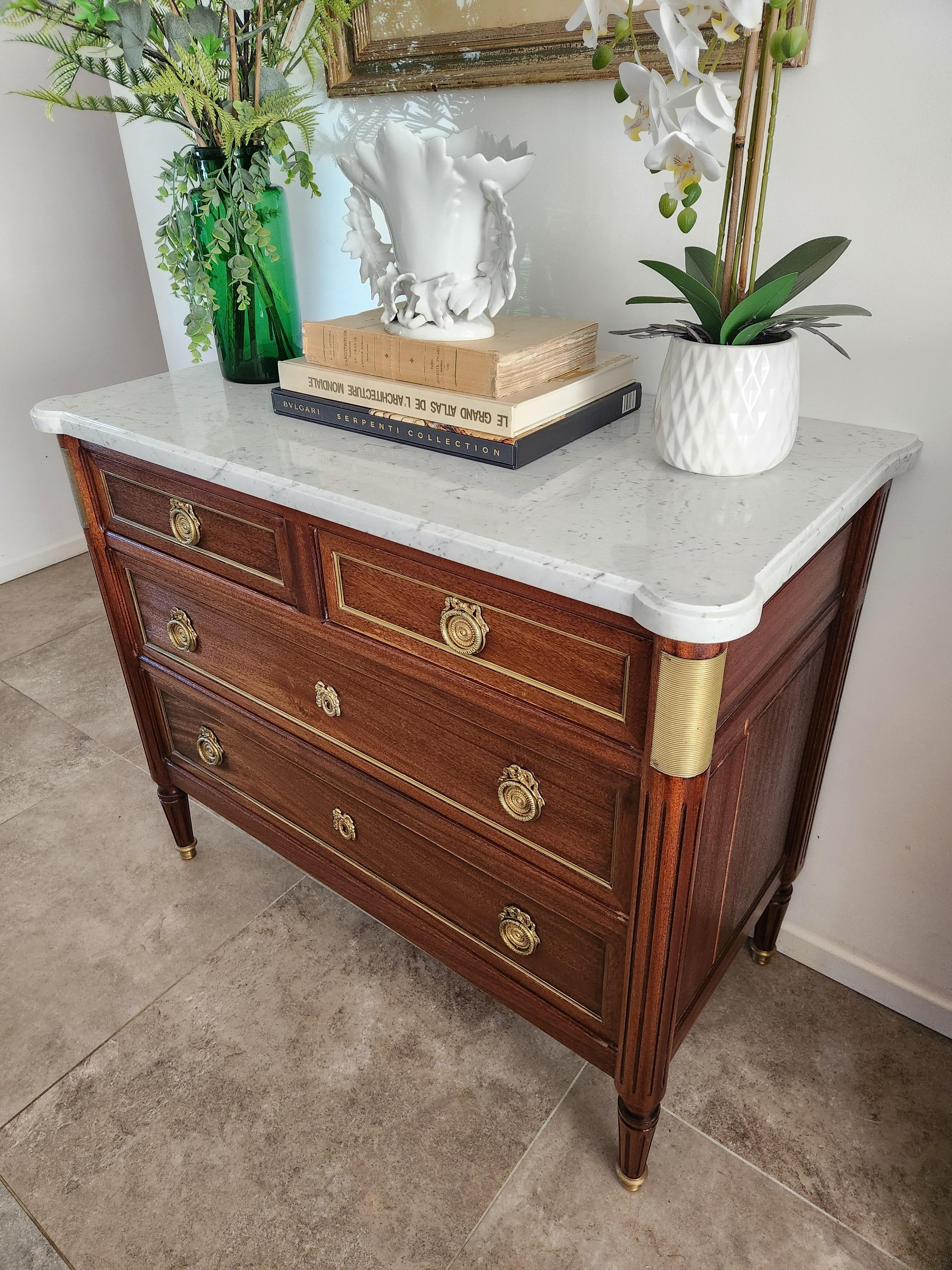 Antique French Louis XVI Commode Chest Of Drawers, Marble & Bronze For Sale 5