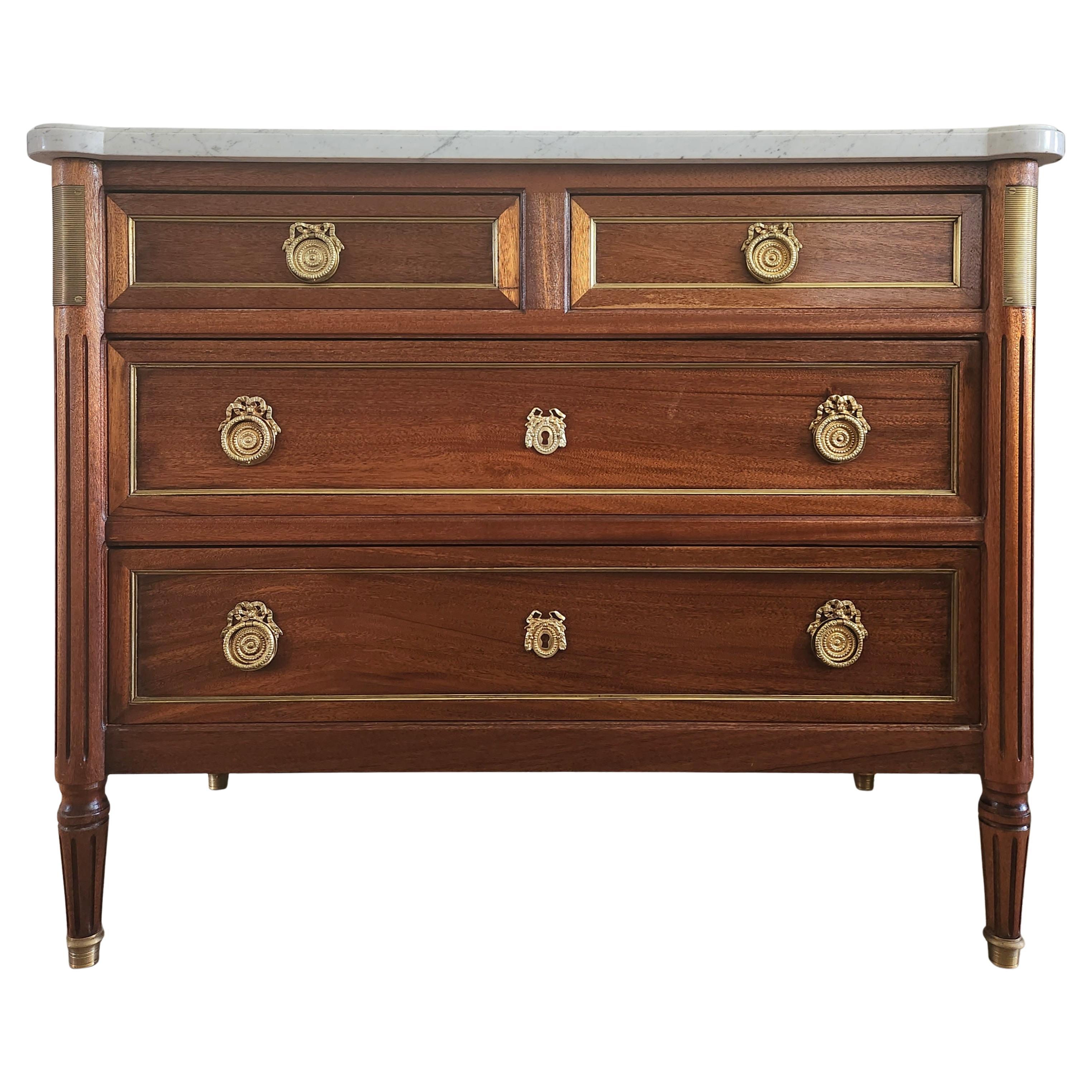Antique French Louis XVI Commode Chest Of Drawers, Marble & Bronze For Sale