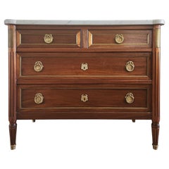 Antique French Louis XVI Commode Chest Of Drawers, Marble & Bronze