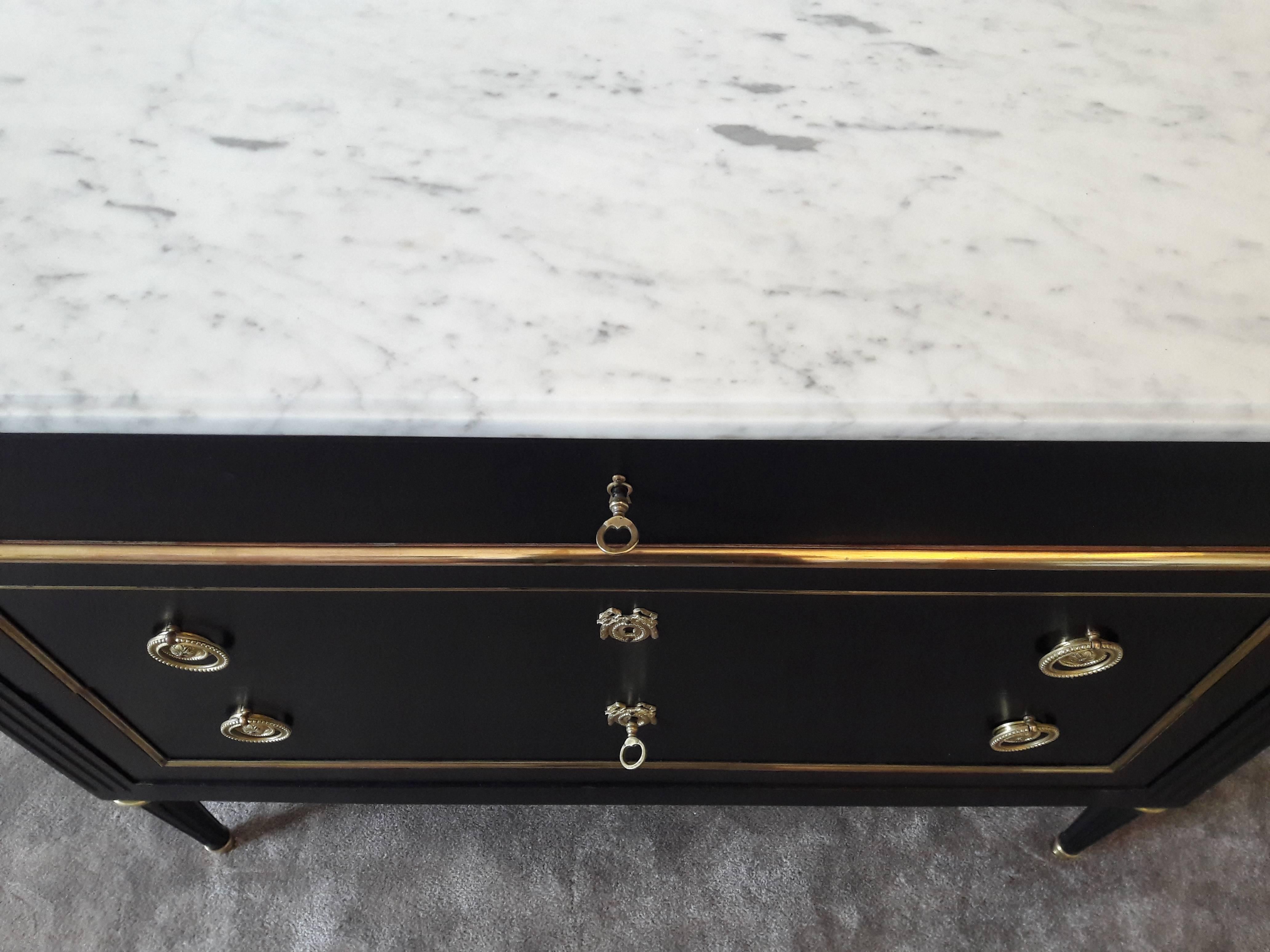 20th Century Antique French Louis XVI Style Chest of Drawers Commode Marble, Bronze & Brass 