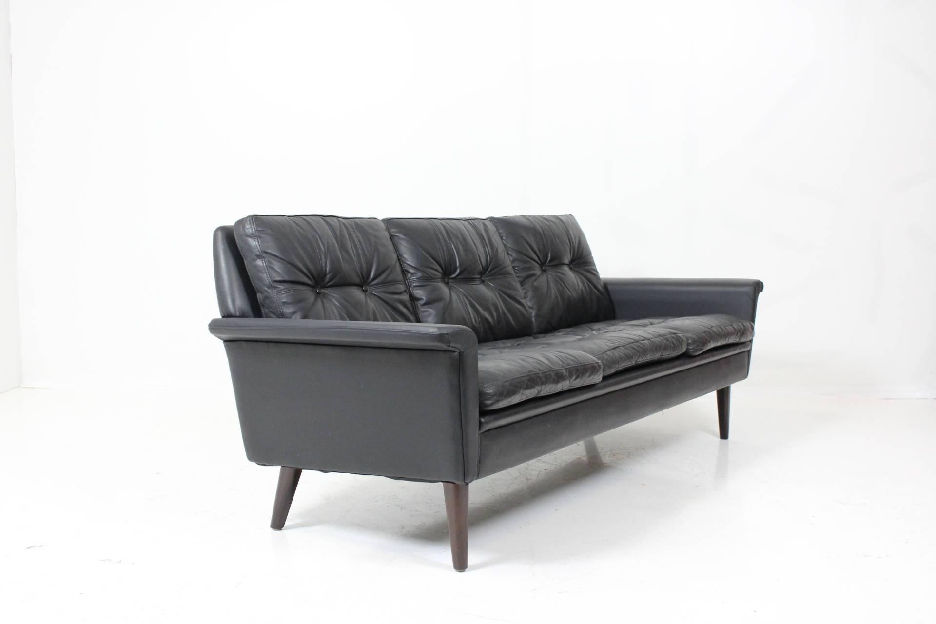 Scandinavian Modern Hans Olsen Three-Seat Sofa in Black Patinated Leather