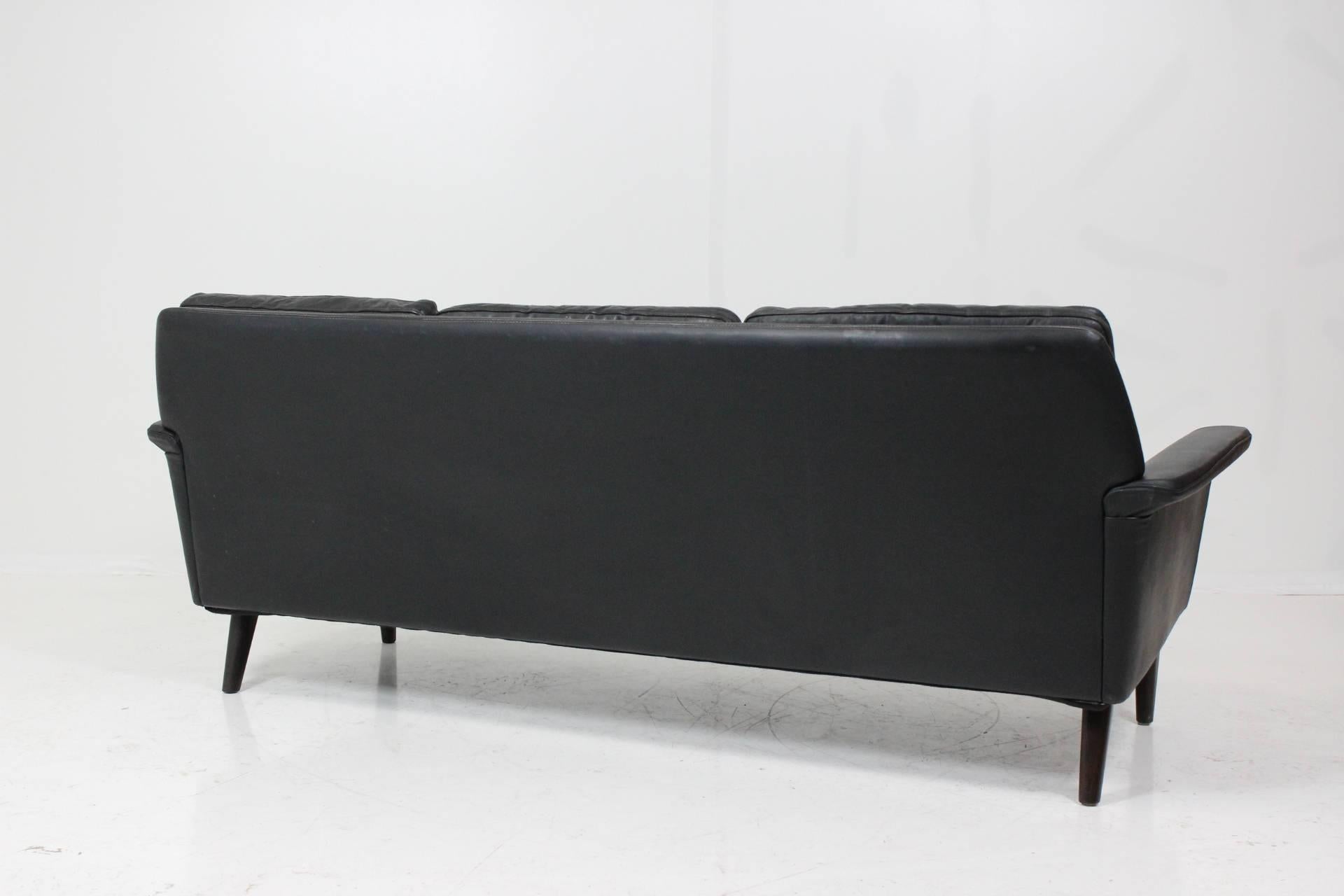 Mid-20th Century Hans Olsen Three-Seat Sofa in Black Patinated Leather