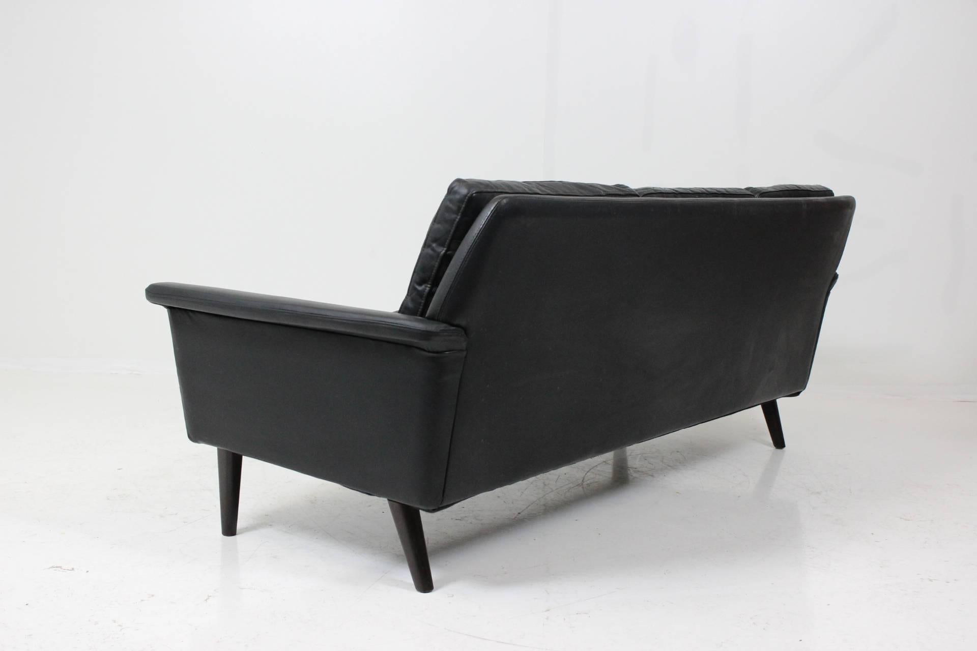 Danish Hans Olsen Three-Seat Sofa in Black Patinated Leather