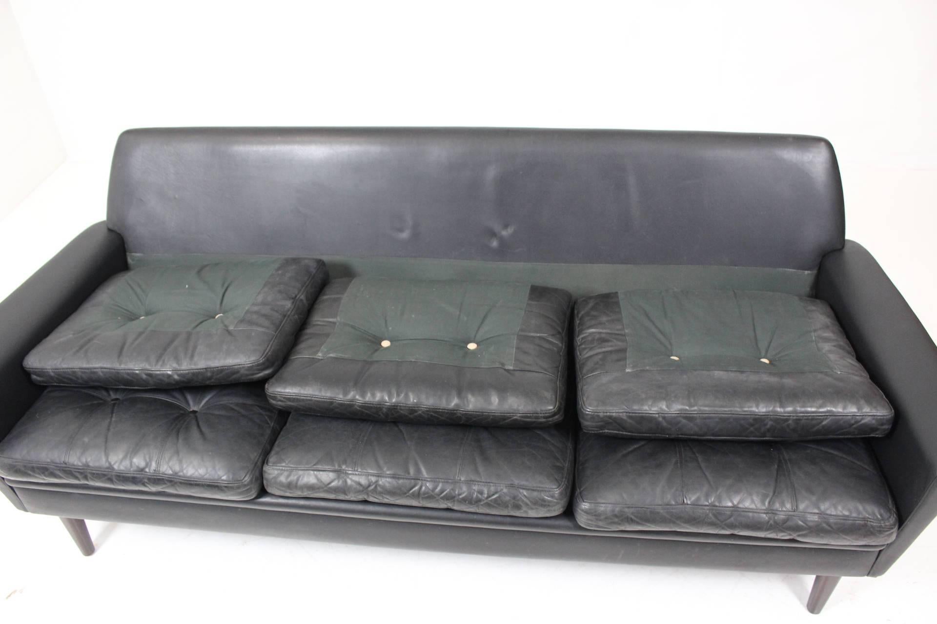 Hans Olsen Three-Seat Sofa in Black Patinated Leather 2