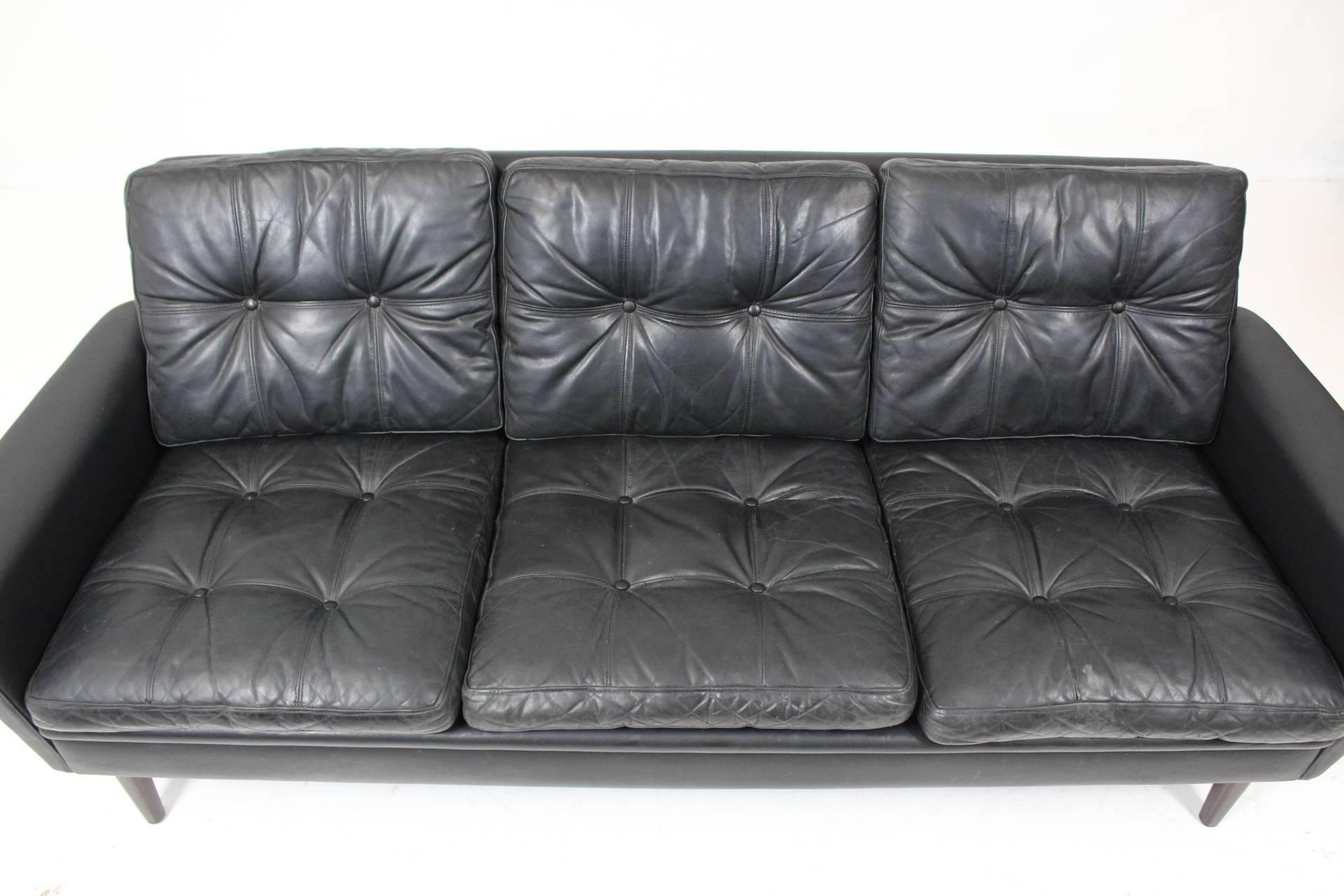 Hans Olsen Three-Seat Sofa in Black Patinated Leather 1